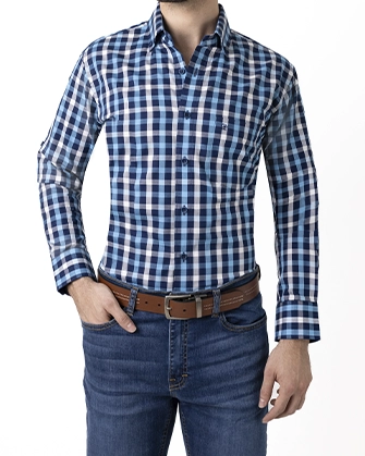 Camisa casual slim fit cuadros celeste