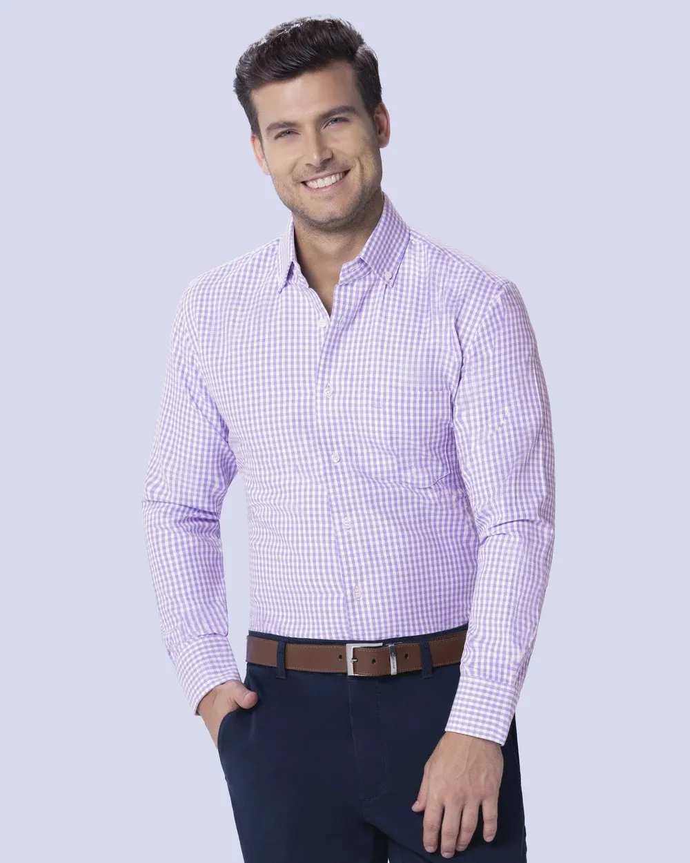 Camisa vestir cuadro slim fit manga larga lila