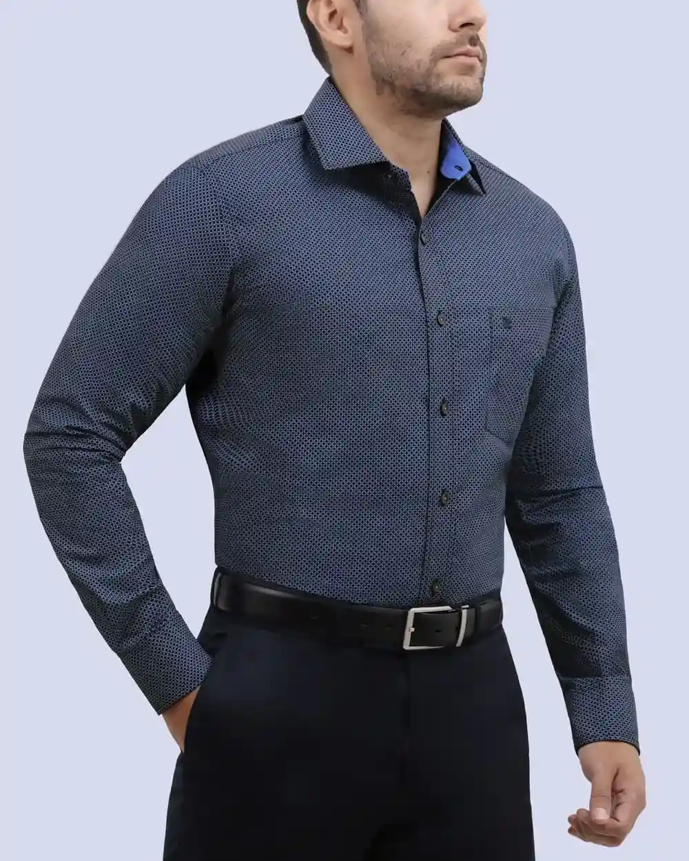 Camisa de vestir estampada azul manga larga slim fit