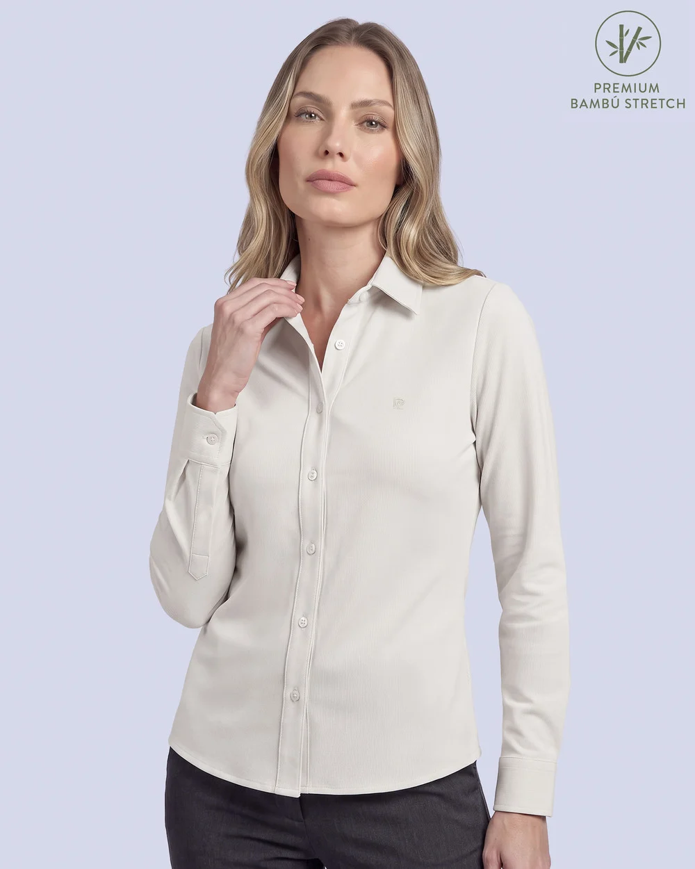 Blusa de vestir slim fit beige piqué premium bambú stretch