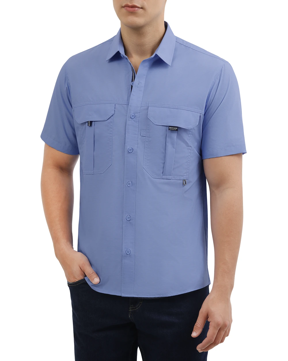 Camisa casual performance azul navy manga corta slim fit celeste