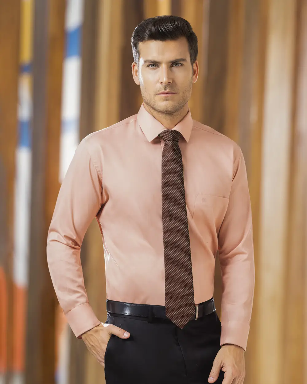 Camisa piqué slim fit manga larga color rosado