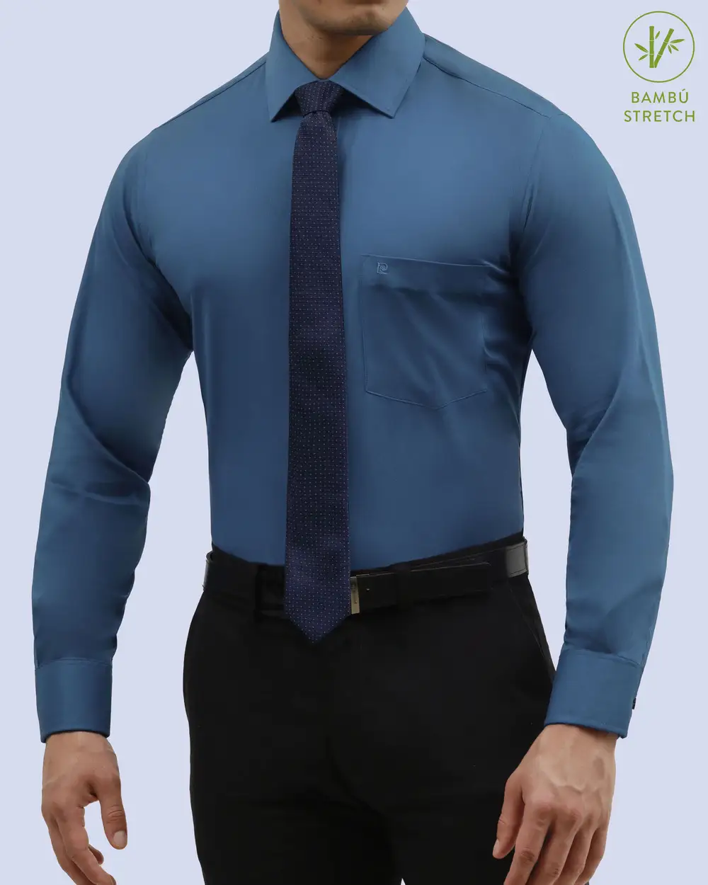 Camisa piqué stretch in organic bambú  slim fit azul