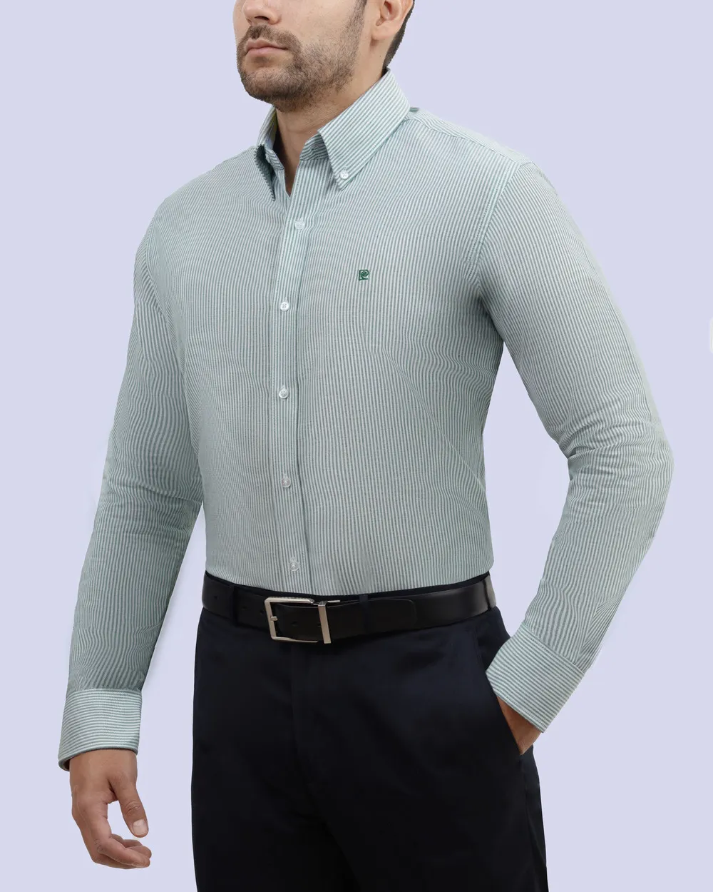 Camisa casual rayada oxford verde manga larga slim fit