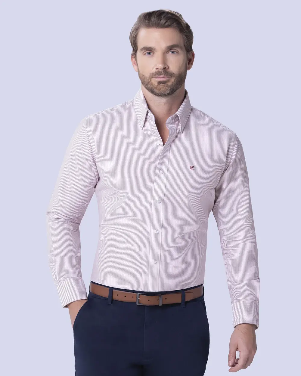 Camisa casual rayada oxford vino manga larga slim fit