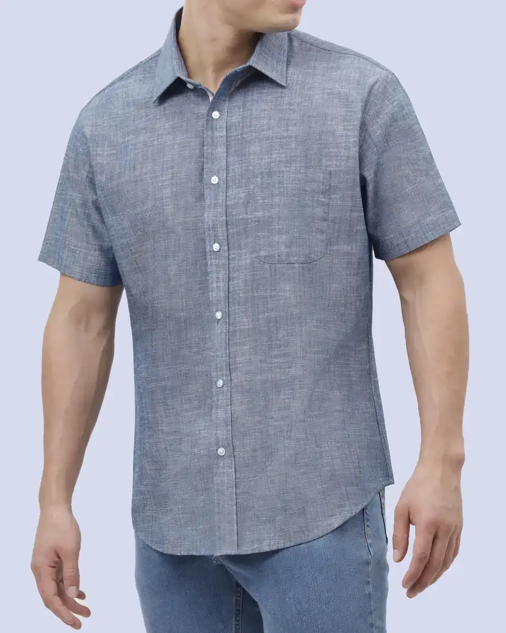 Camisa casual slim fit manga corta  jaspeada azul