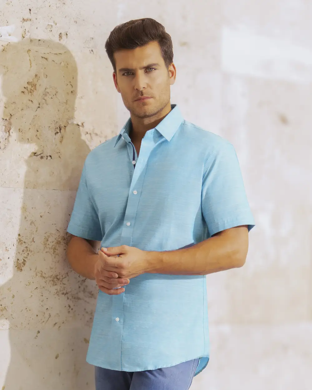 Camisa casual slim fit manga corta  jaspeada aqua