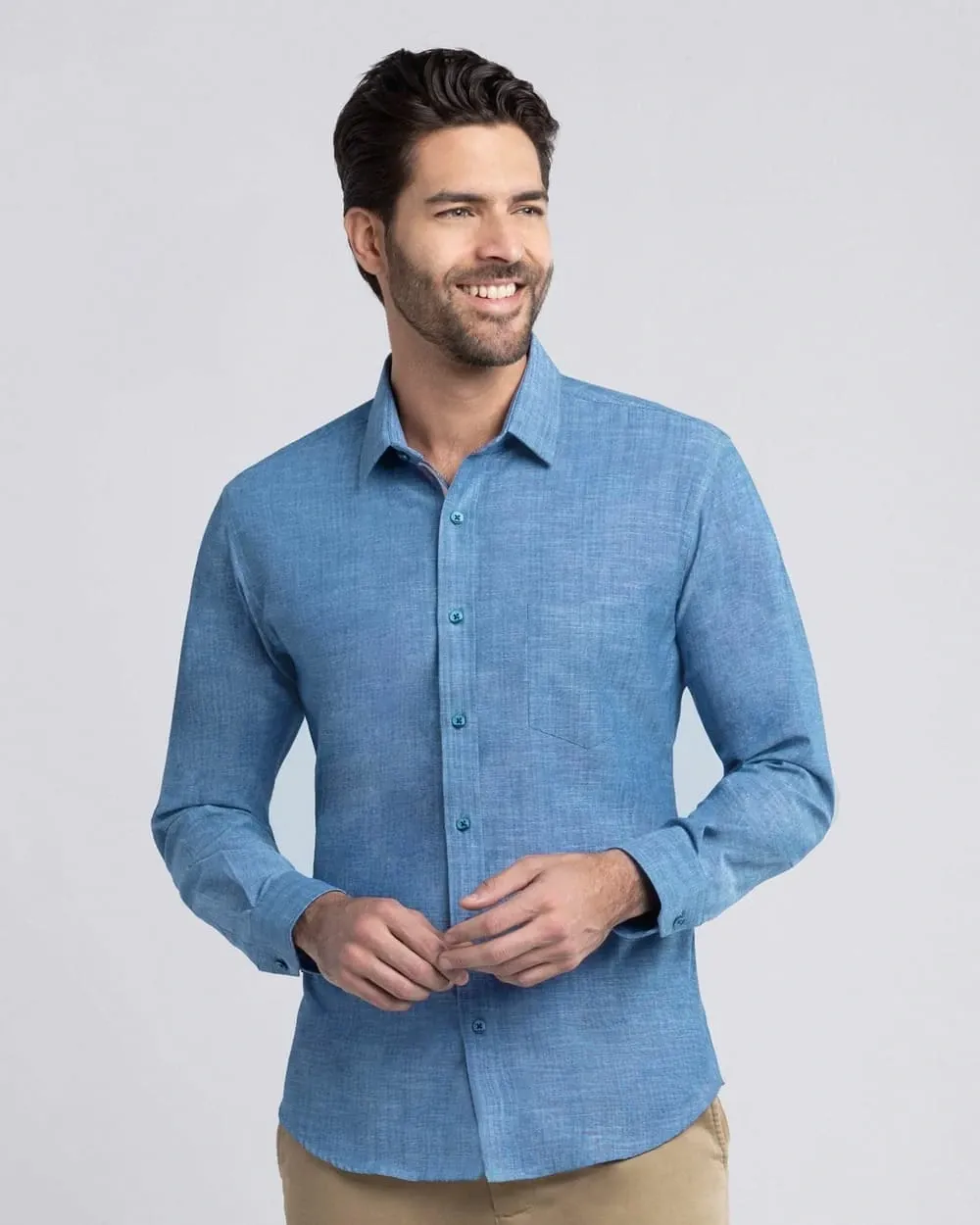 Camisa casual slim fit manga larga jaspeada azul