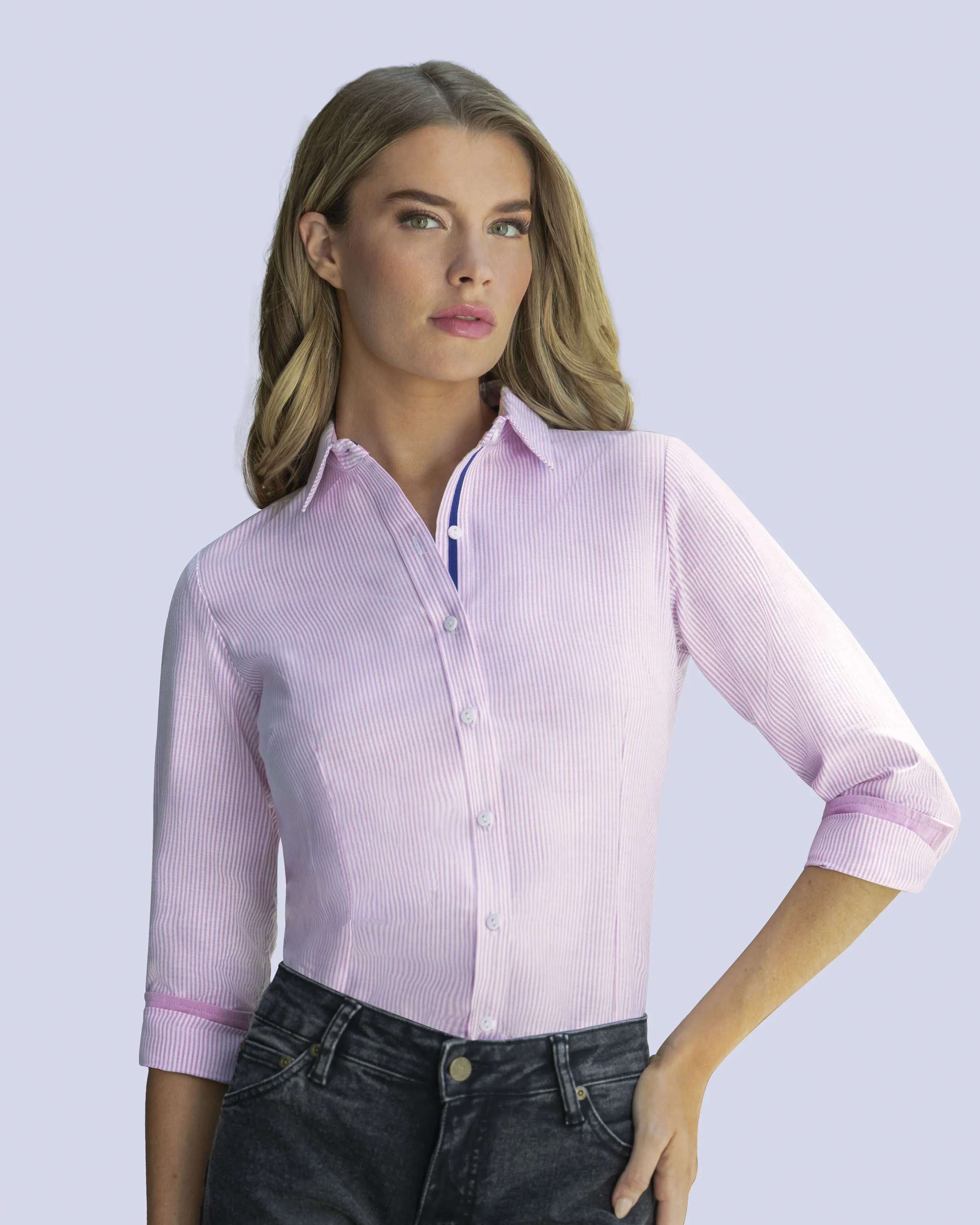 Blusa de vestir rayada slim fit manga larga rosada