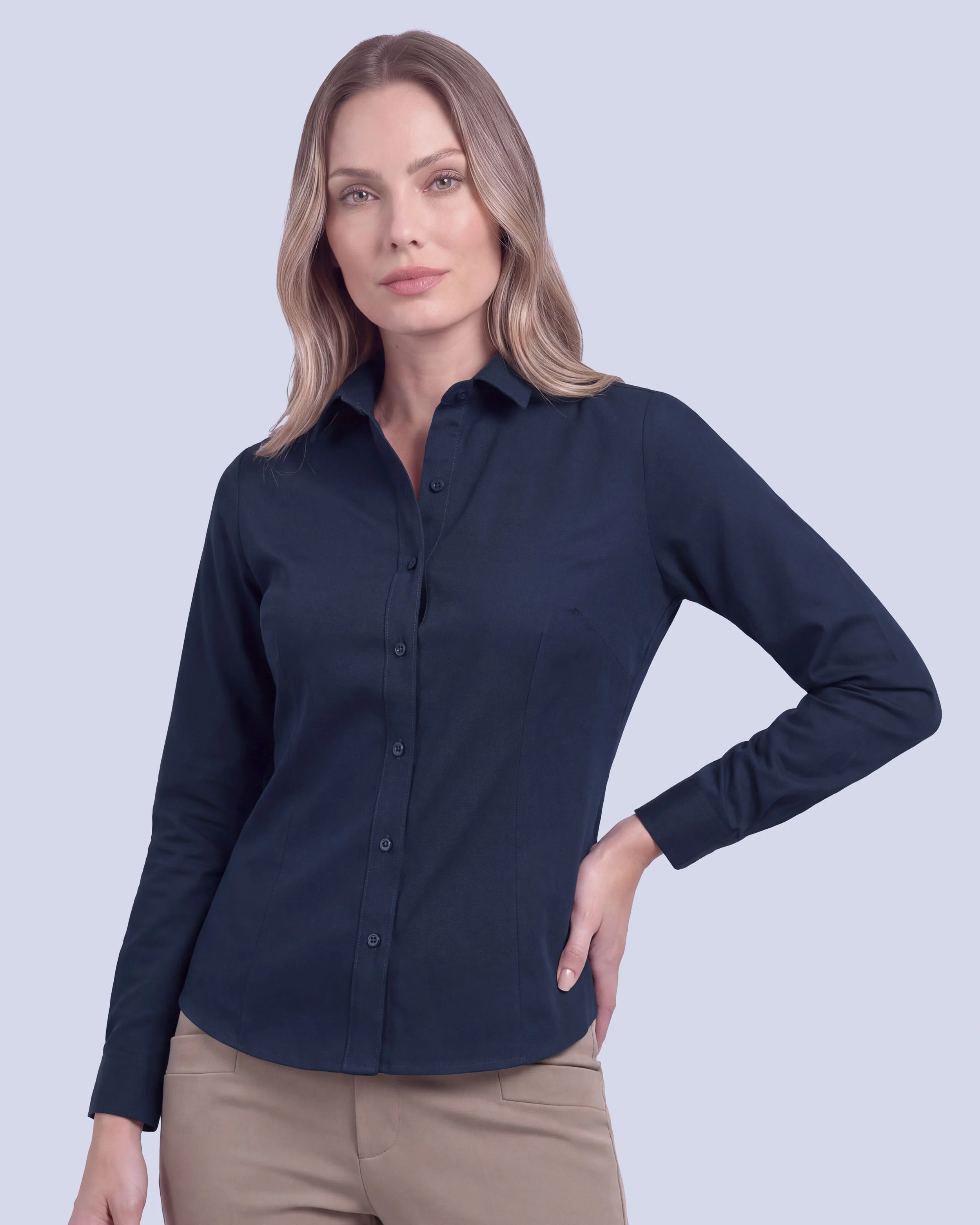 Blusa de vestir manga slim fit manga larga pique azul