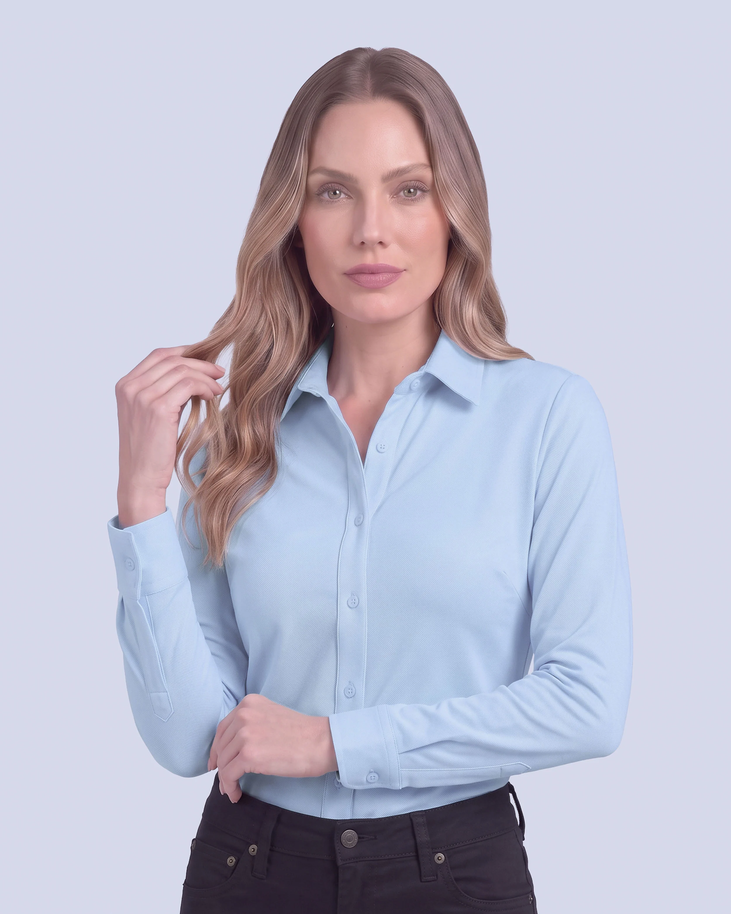 Blusa de vestir manga slim fit manga larga pique celeste