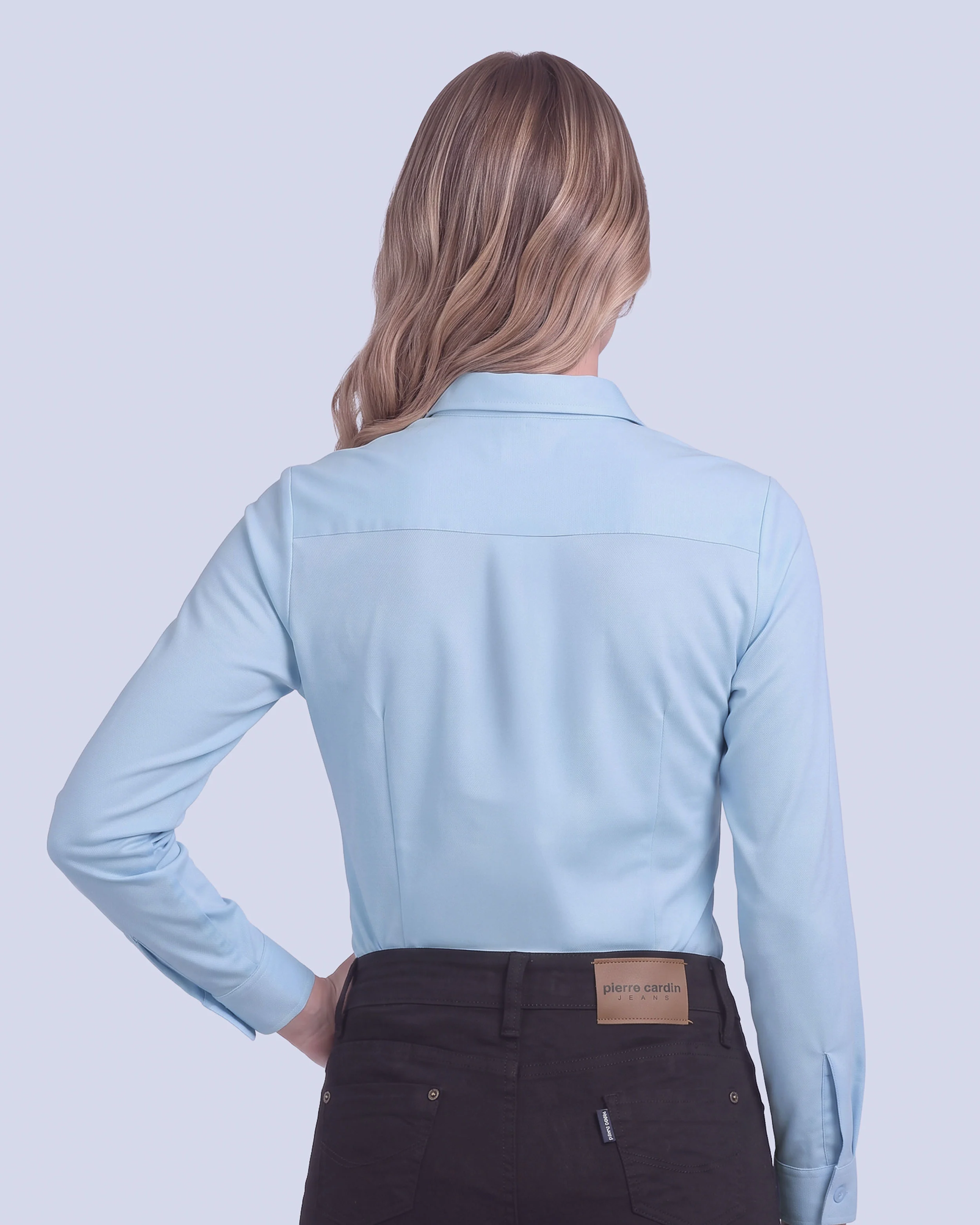 Blusa de vestir manga slim fit manga larga pique celeste