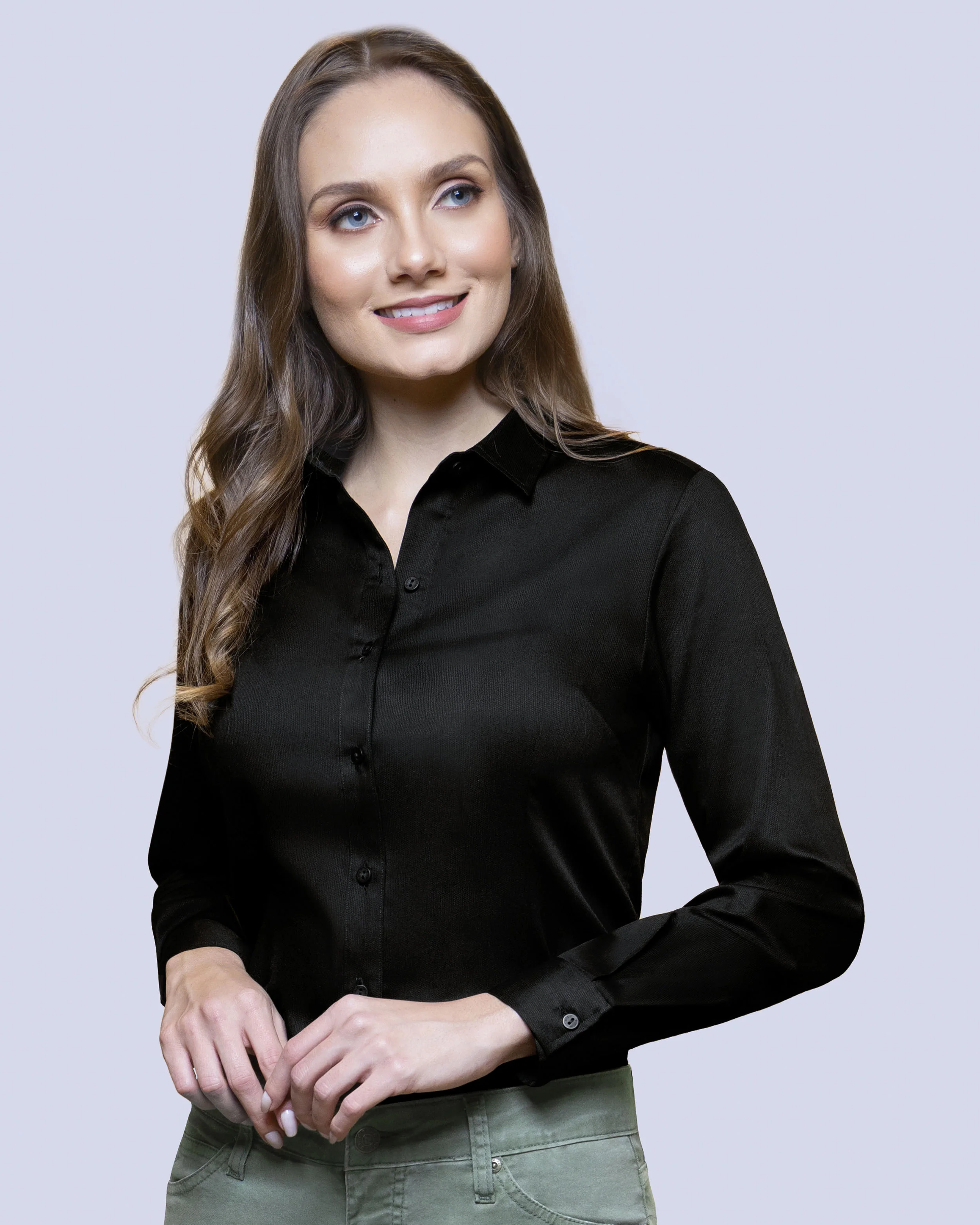 Blusa de vestir manga slim fit manga larga pique negra