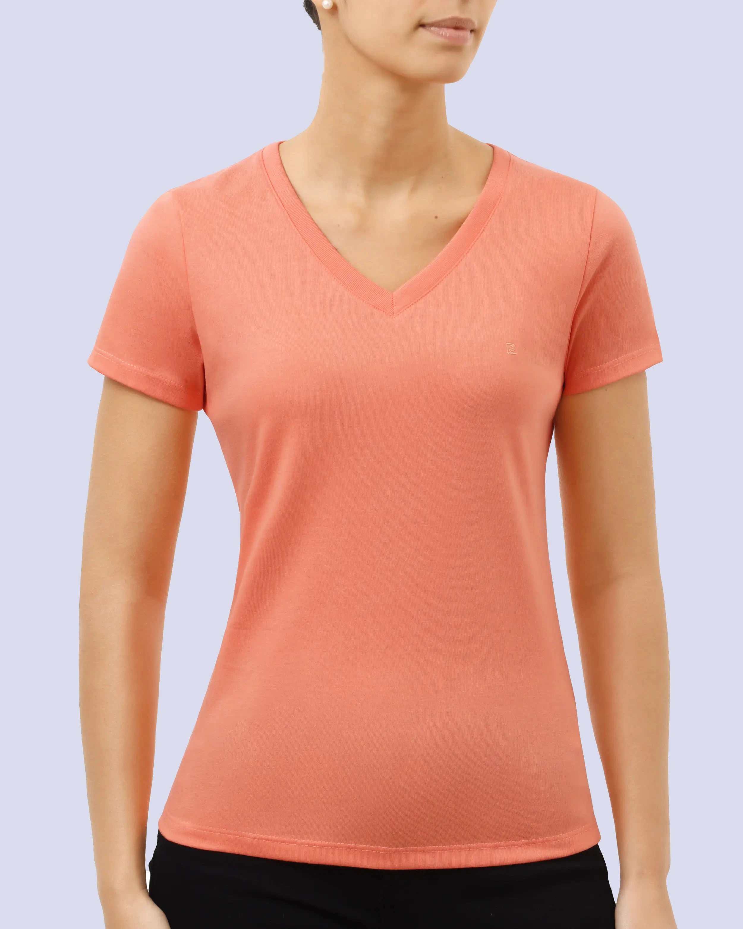 Camiseta lisa cuello v manga corta salmón