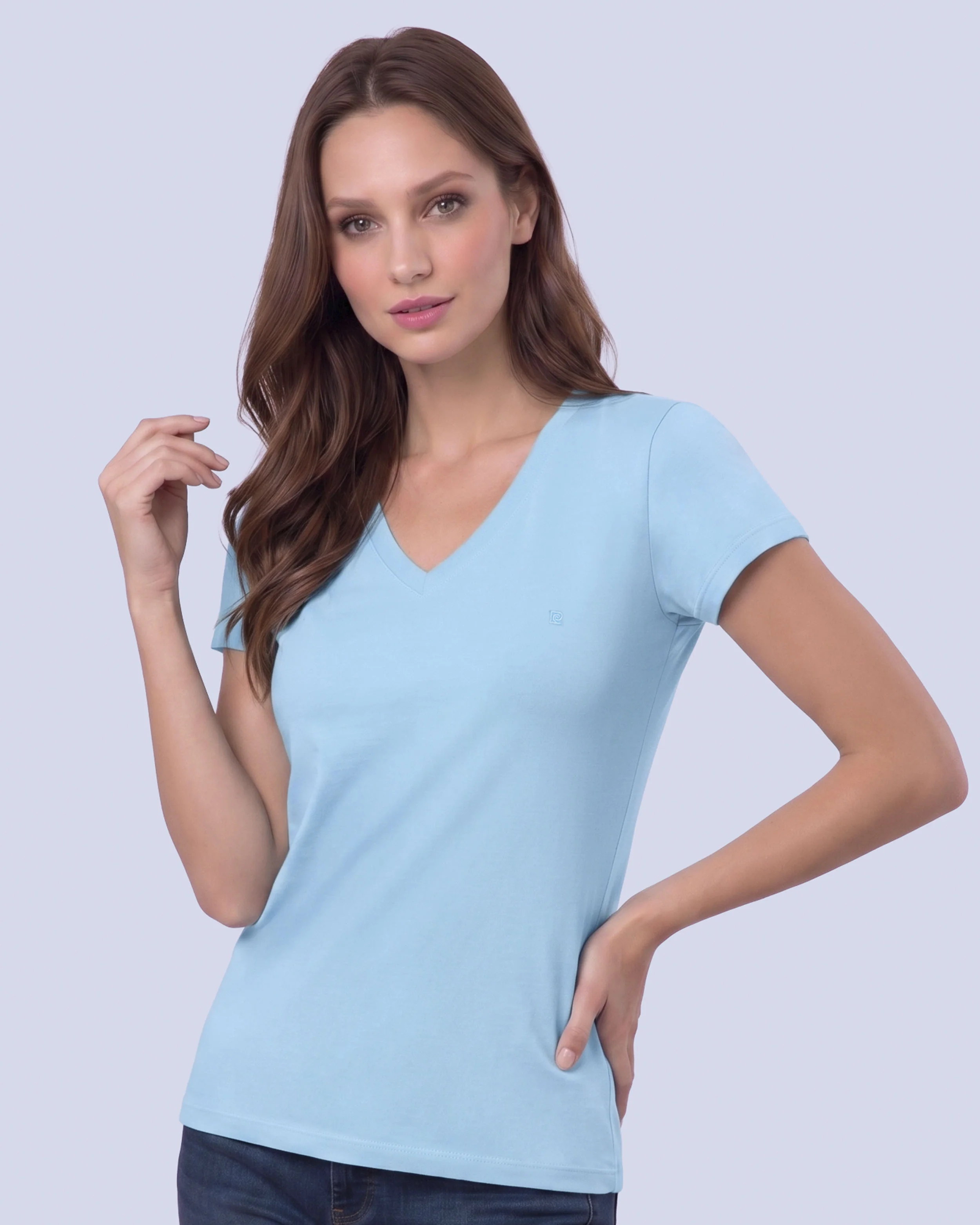Camiseta lisa cuello v manga corta celeste