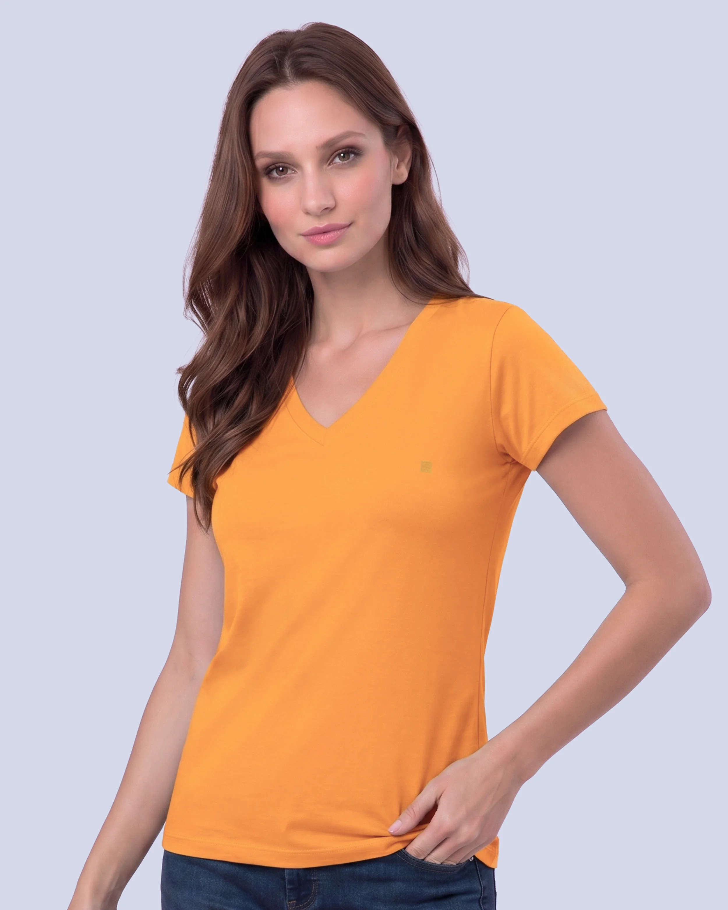 Camiseta lisa cuello v manga corta anaranjada