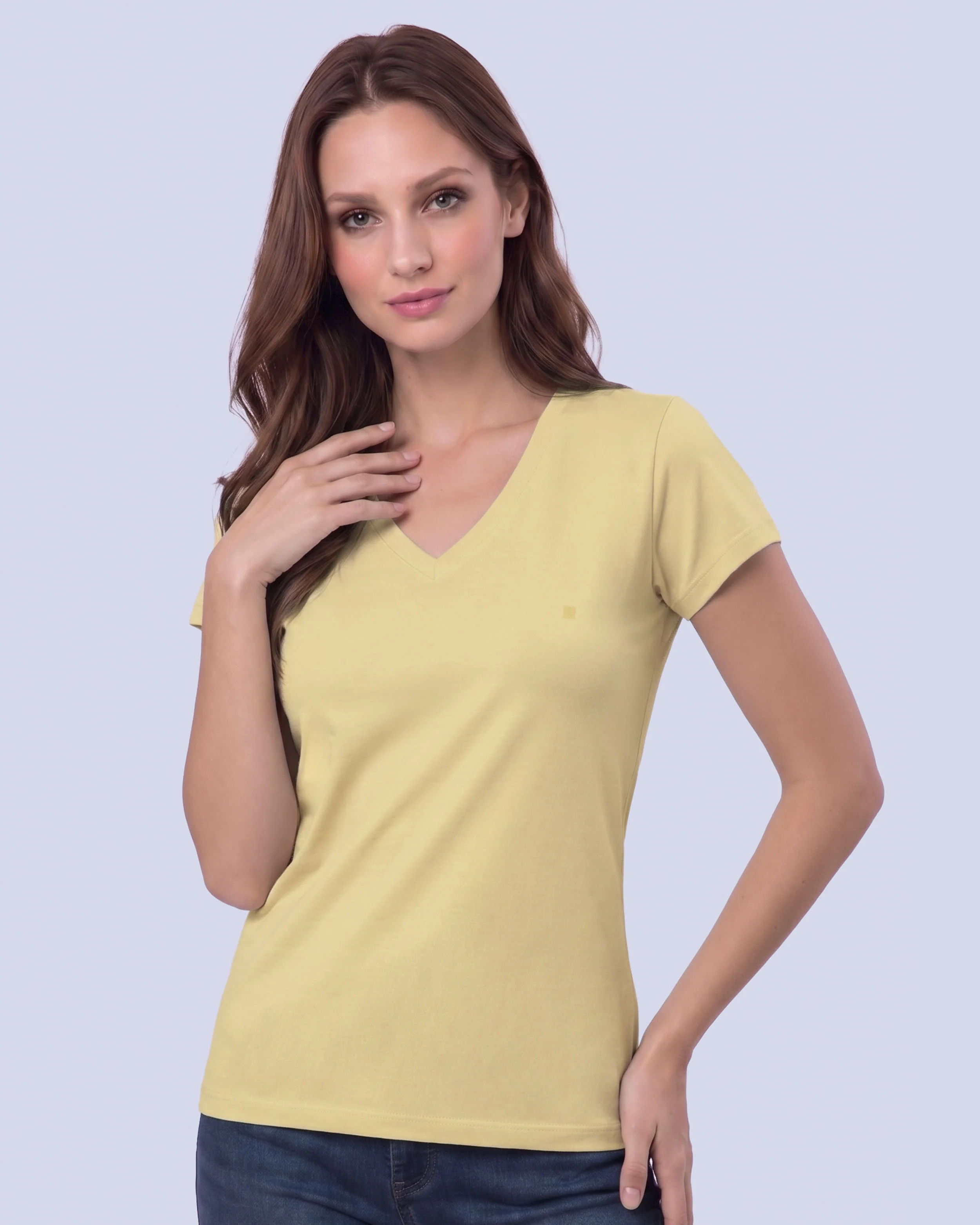 Camiseta lisa cuello v manga corta amarilla