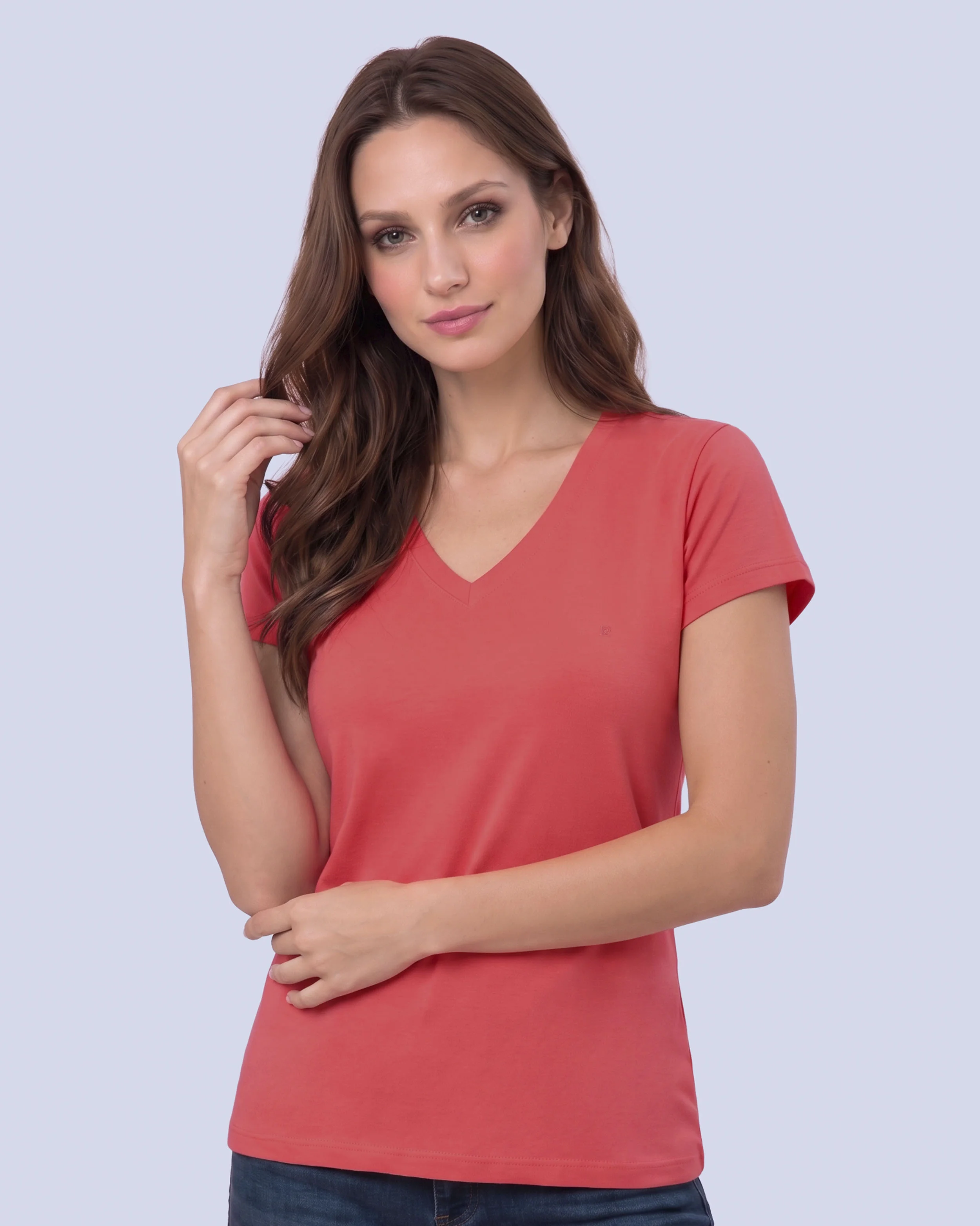 Camiseta lisa cuello v manga corta rosada