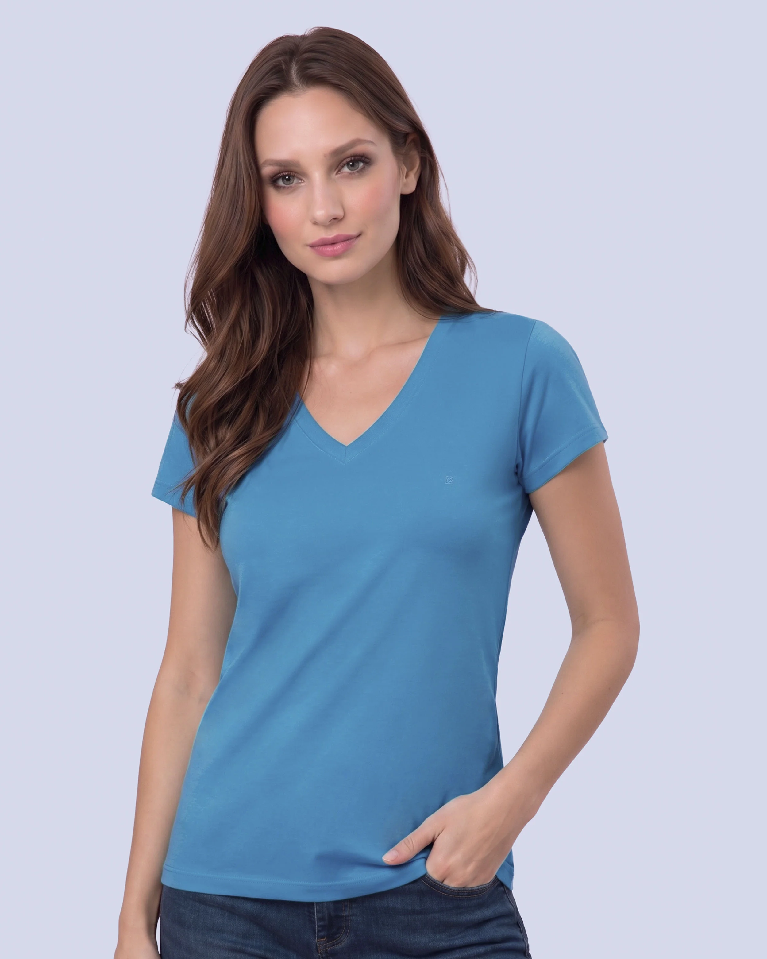 Camiseta lisa cuello v manga corta celeste
