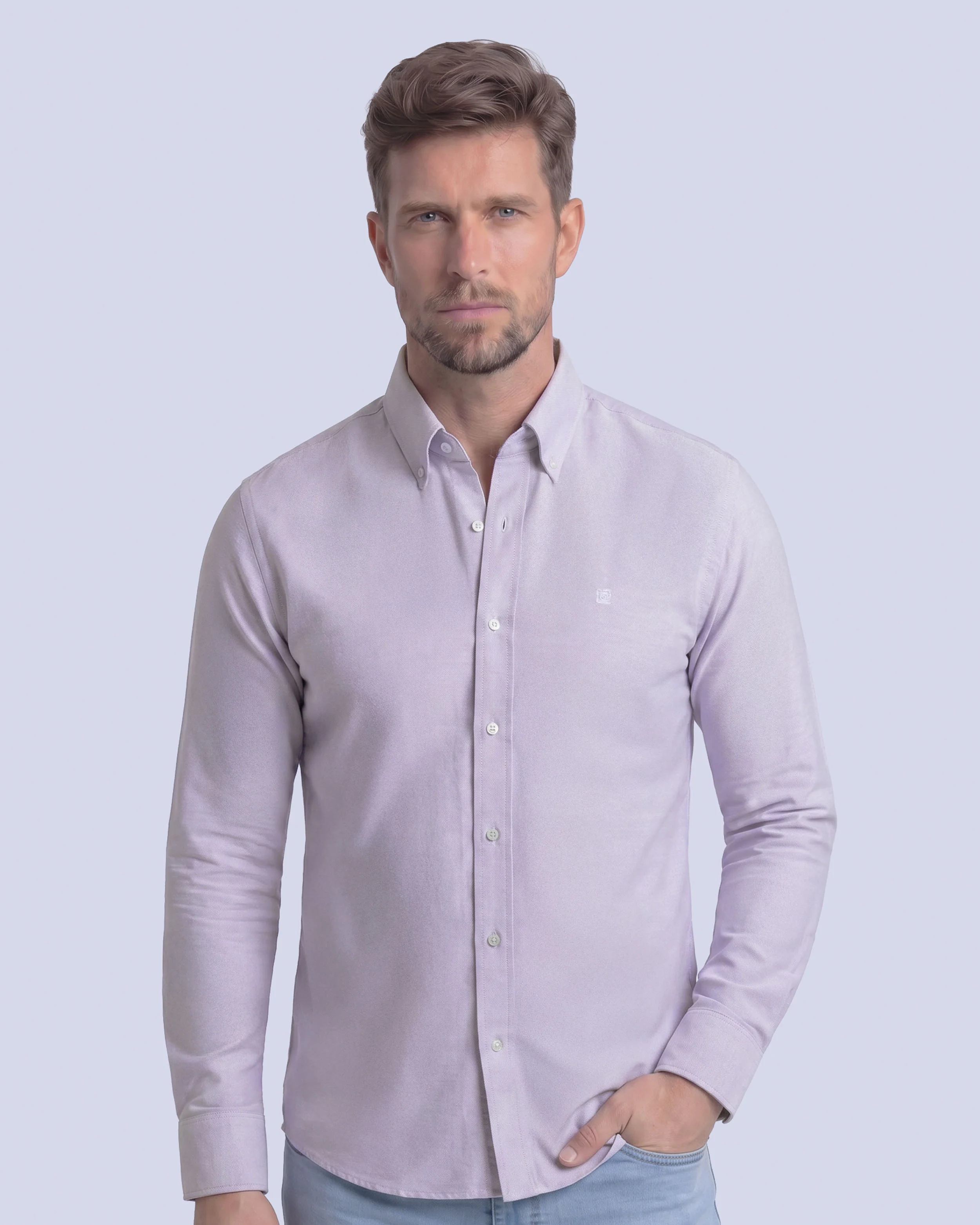 Camisa casual oxford morada manga larga slim fit