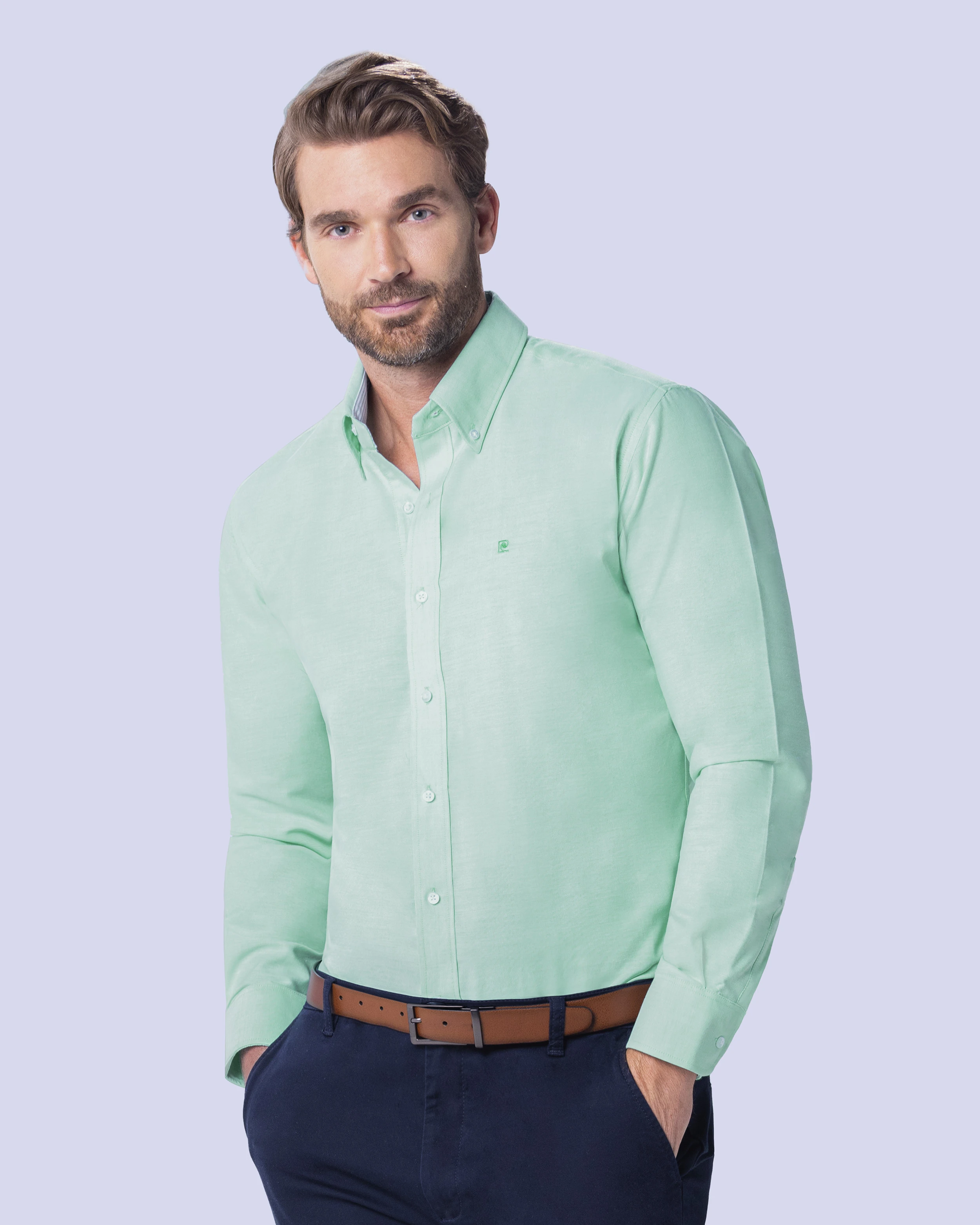 Camisa casual oxford verde manga larga slim fit