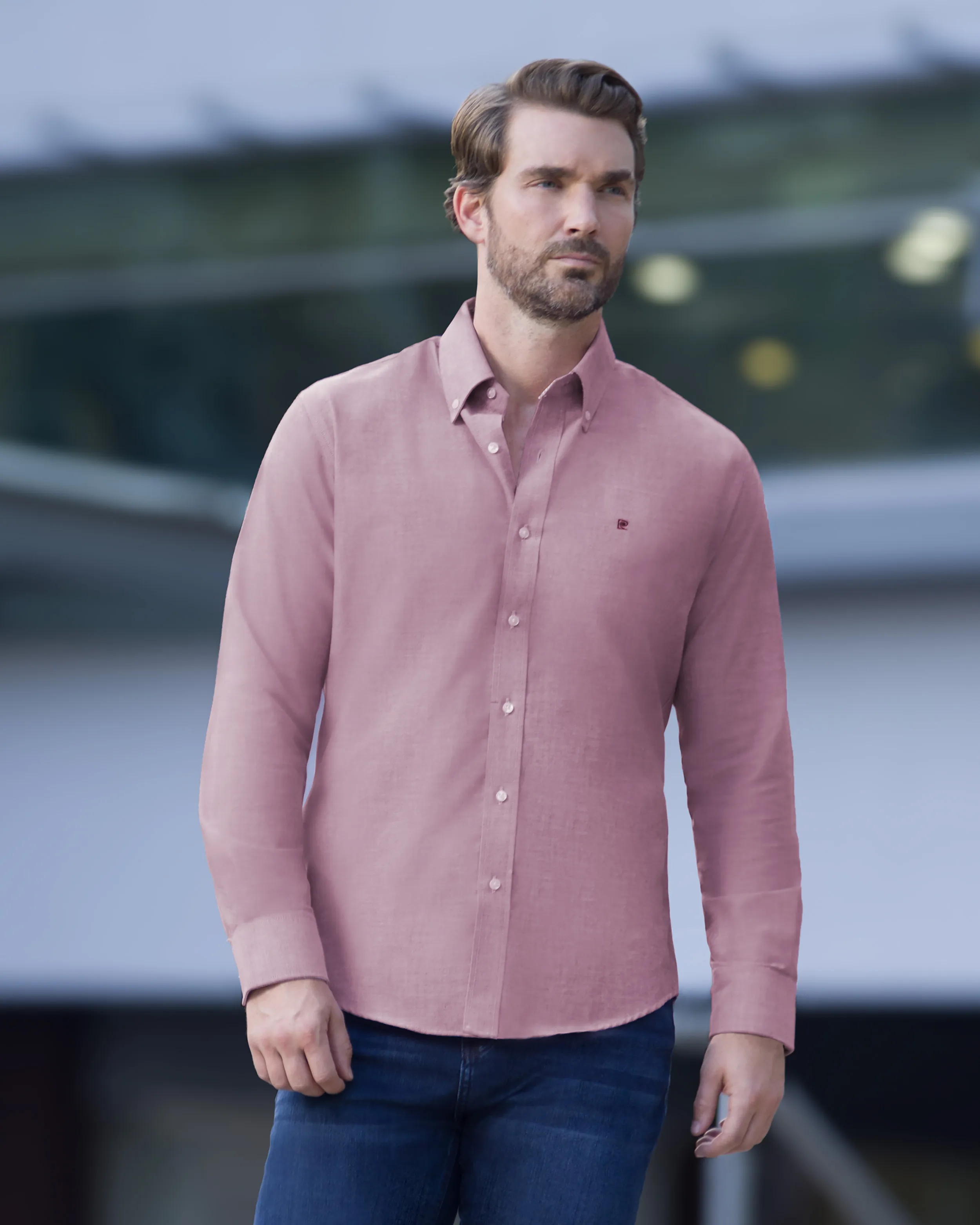 Camisa casual oxford vino manga larga slim fit