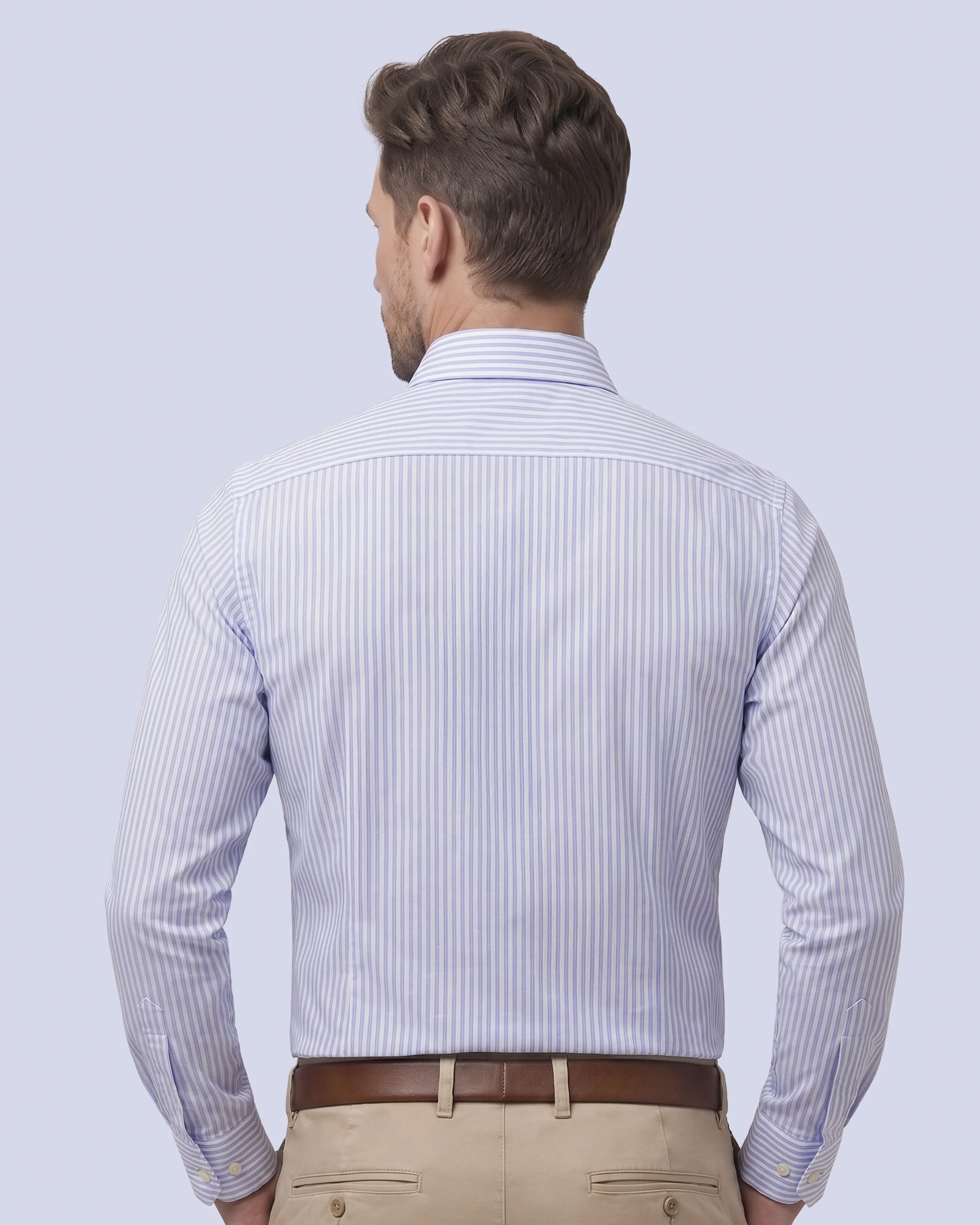 Camisa de vestir slim fit mini rayada celeste bambú stretch