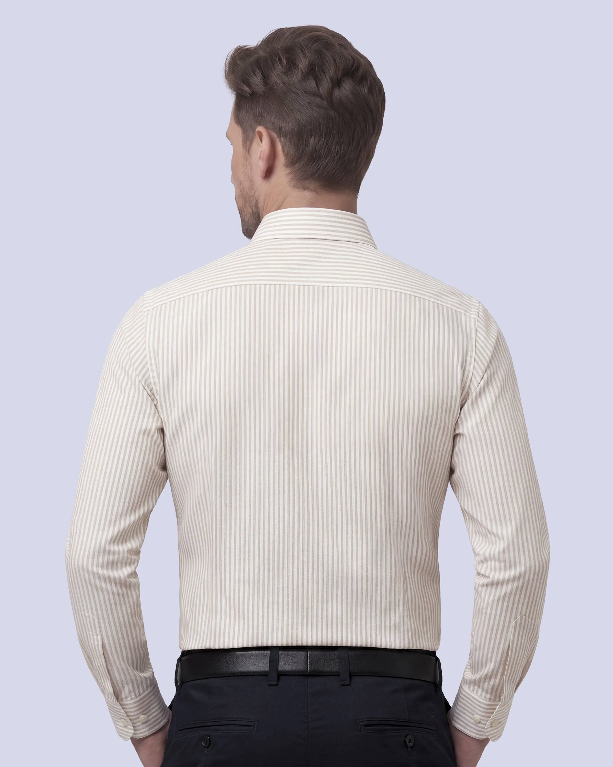 Camisa de vestir slim fit mini rayada beige bambú stretch