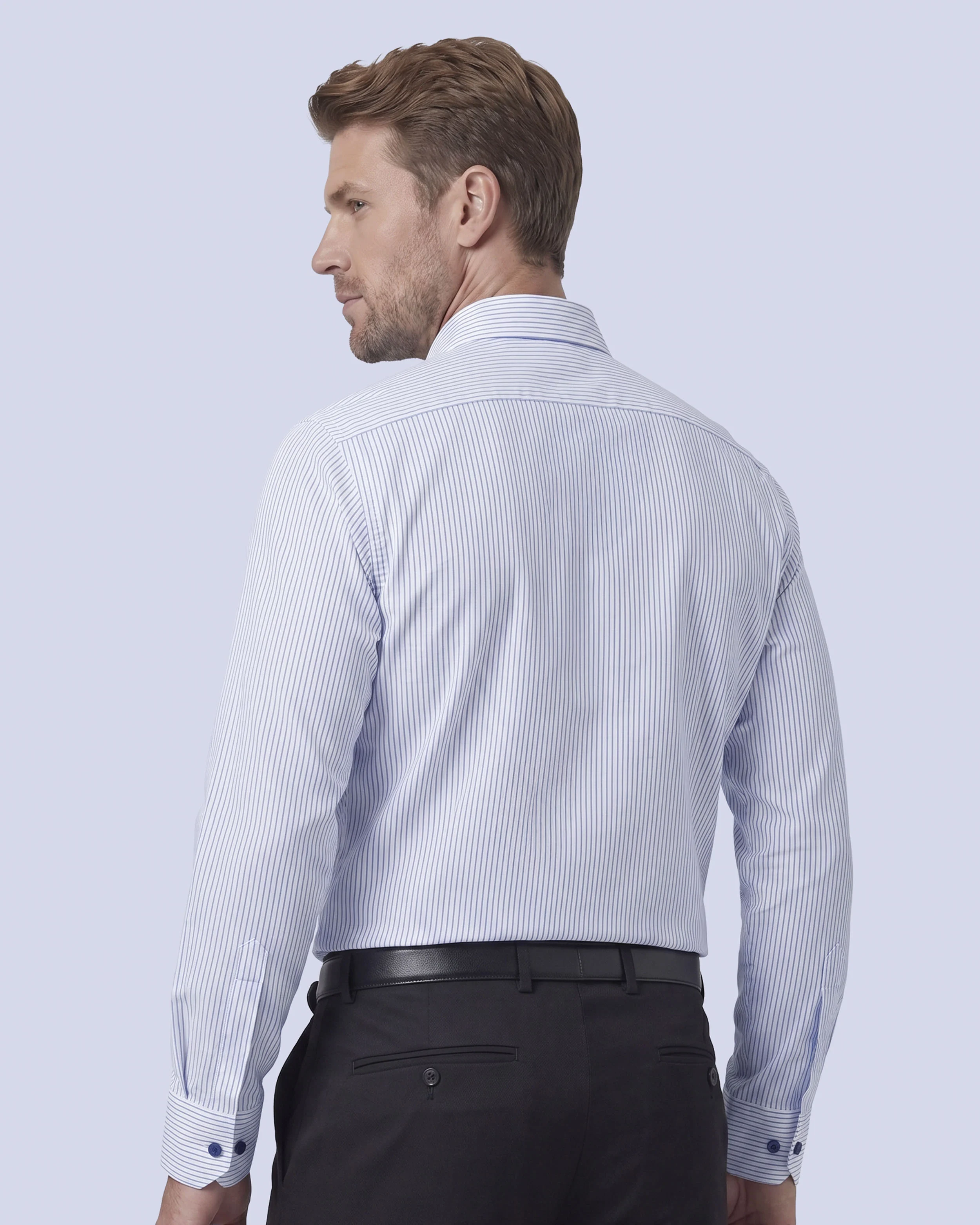 Camisa de vestir slim fit mini rayada azul bambú stretch