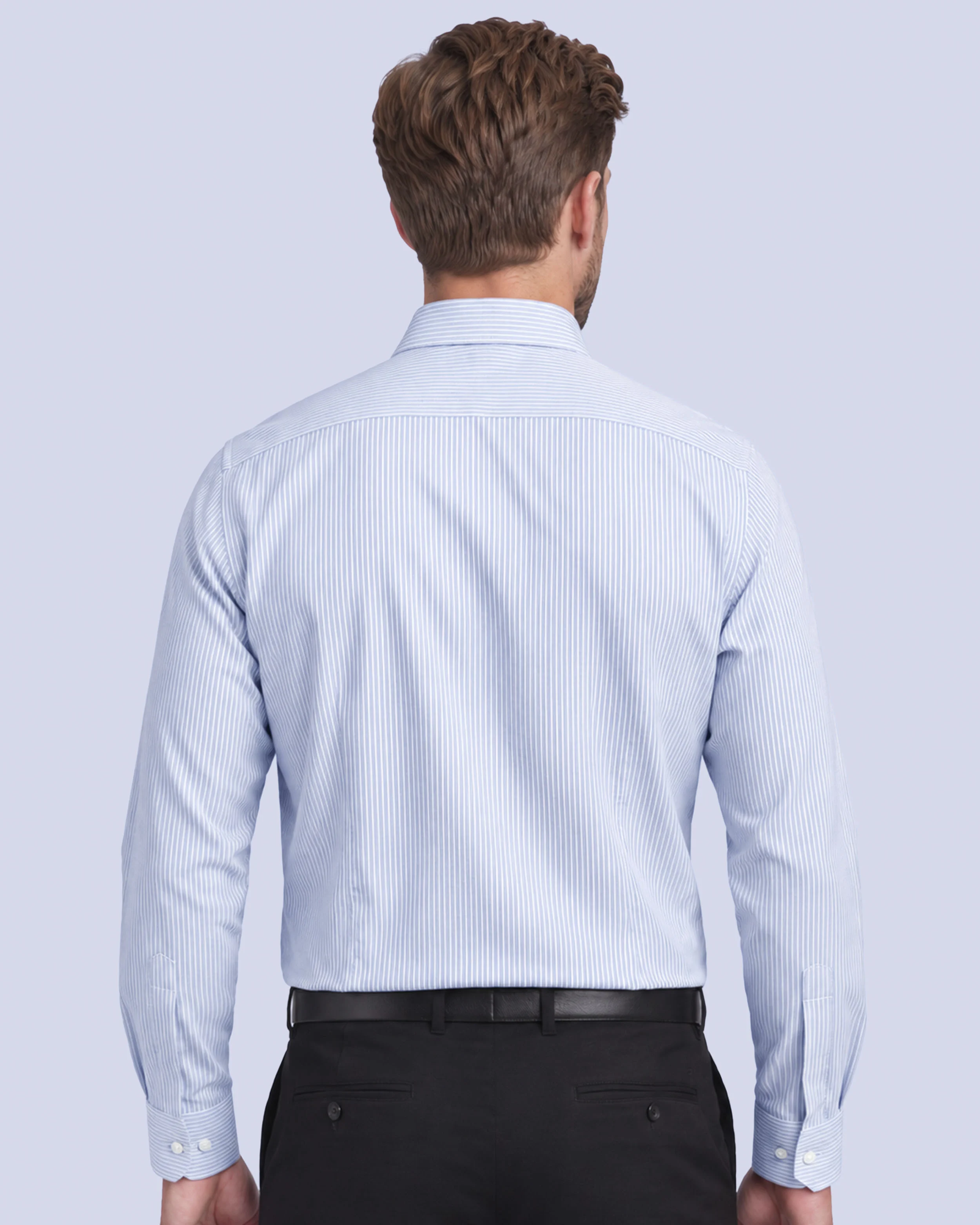 Camisa de vestir slim fit mini rayada celeste bambú stretch