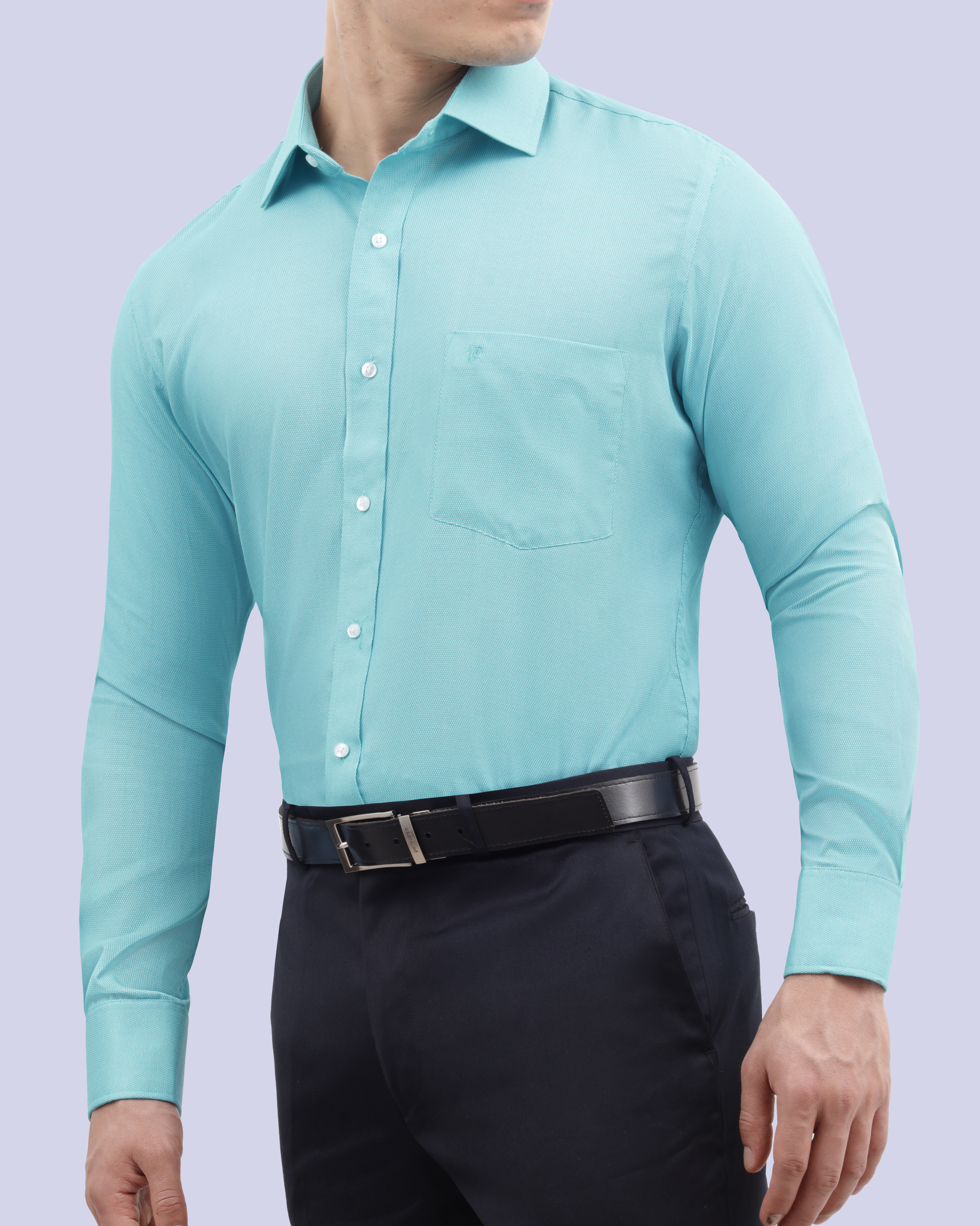 Camisa de vestir textura manga larga slim fit turquesa