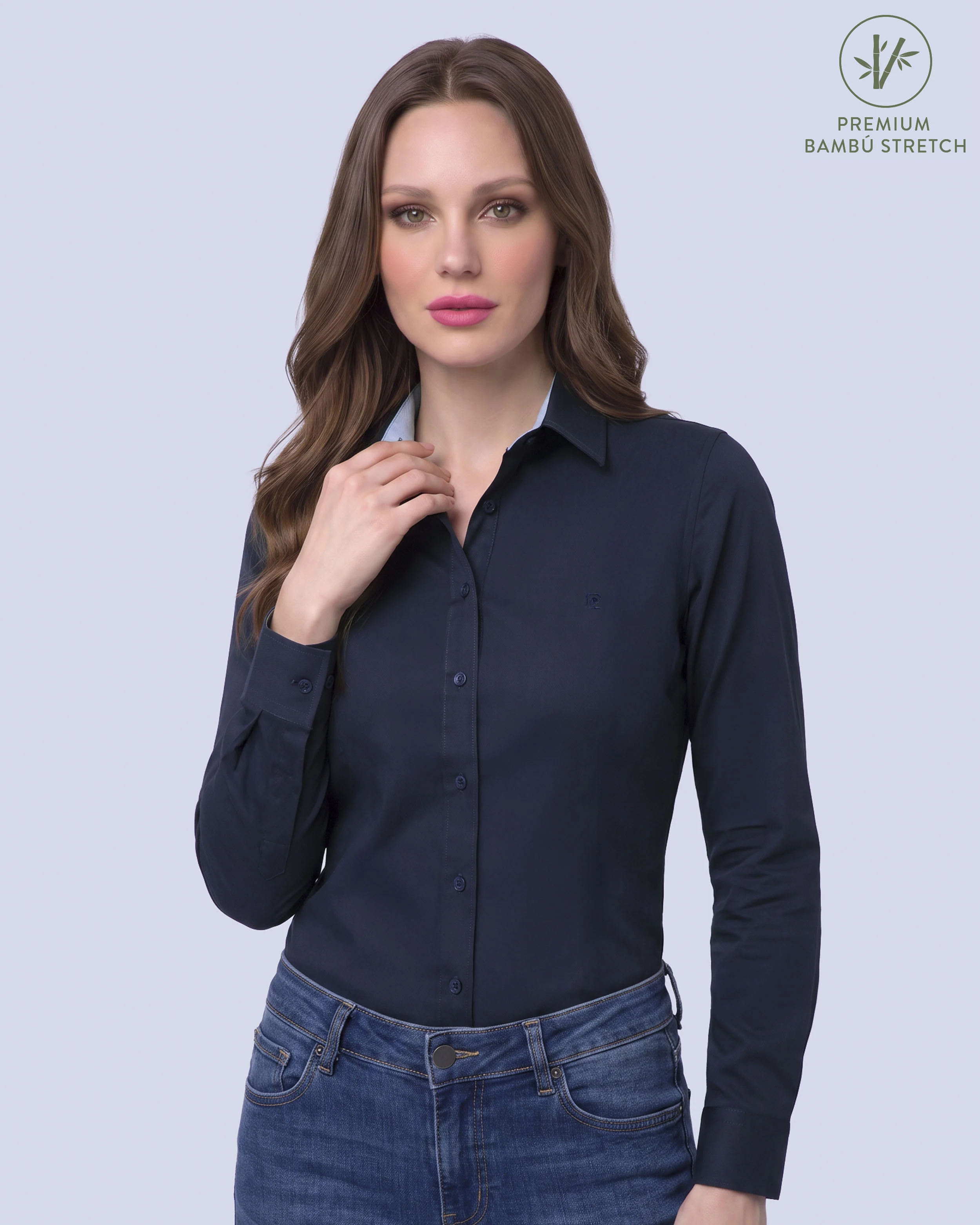 Blusa de vestir slim fit azul piqué premium bambú stretch