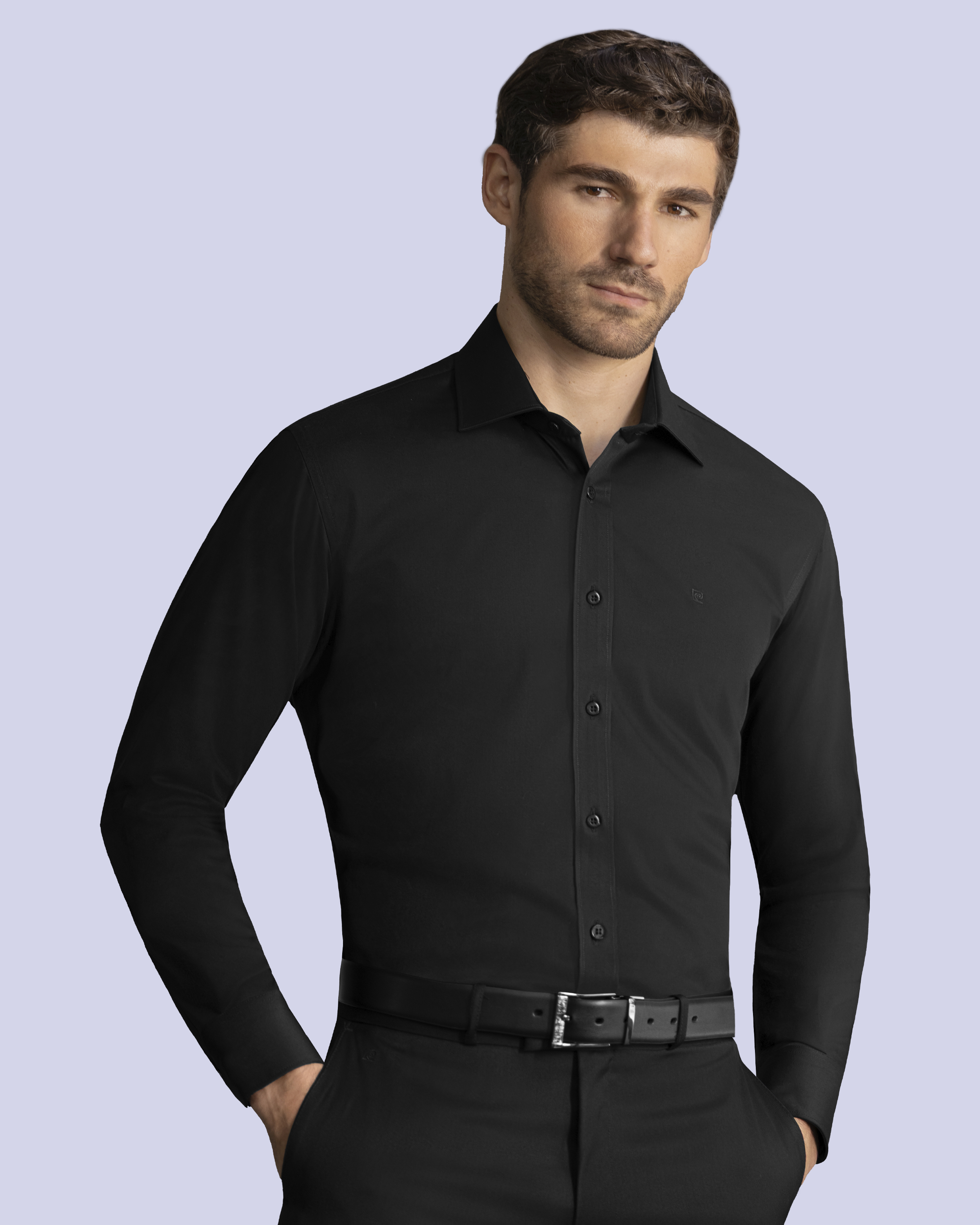 Camisa de vestir stretch negra manga larga slim fit