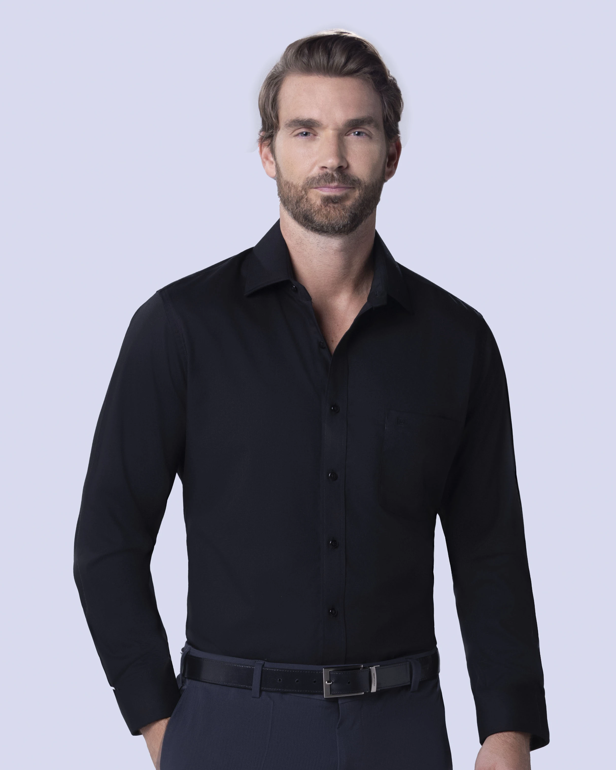 Camisa de vestir stretch negra manga larga slim fit