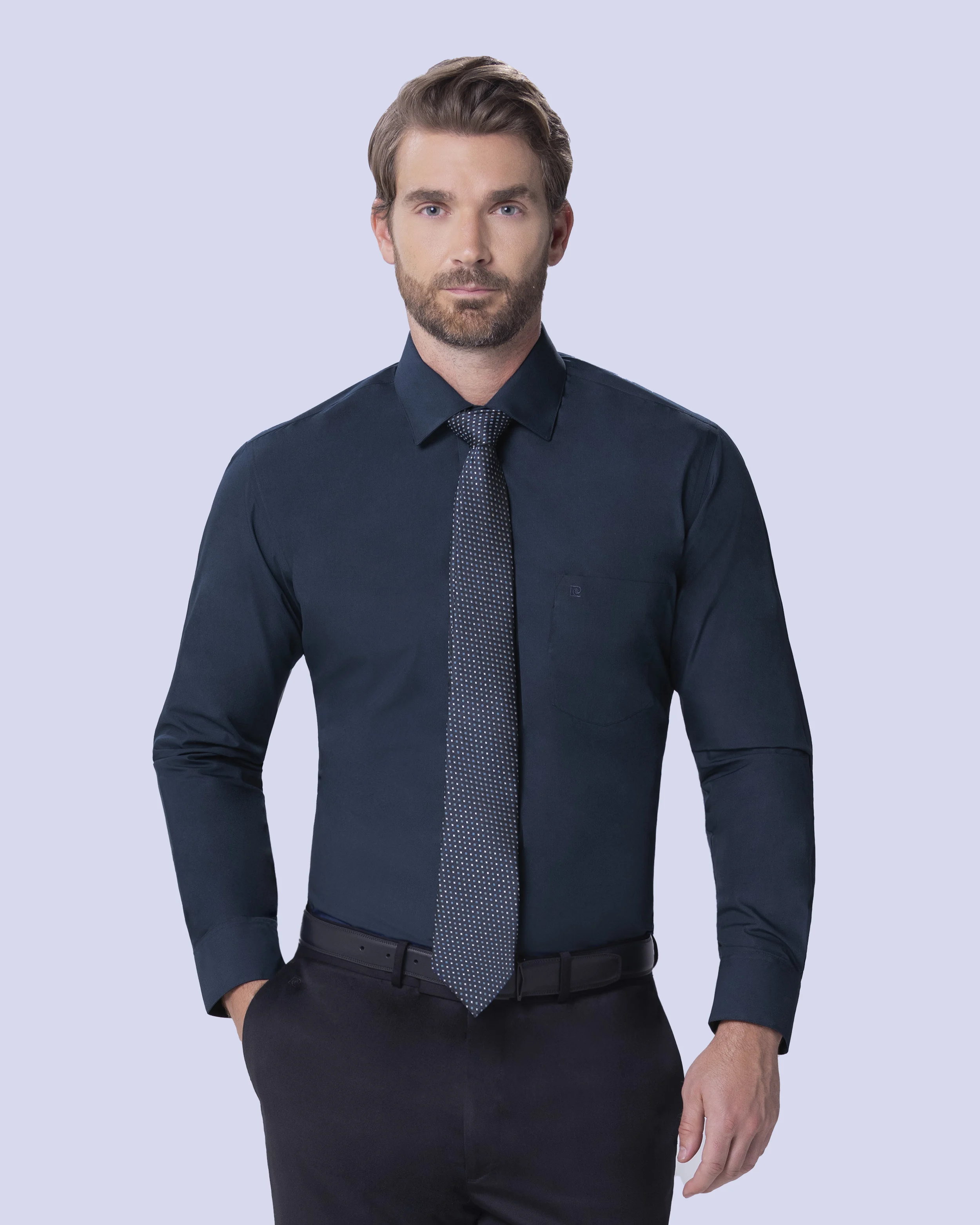 Camisa de vestir stretch azul navy manga larga slim fit