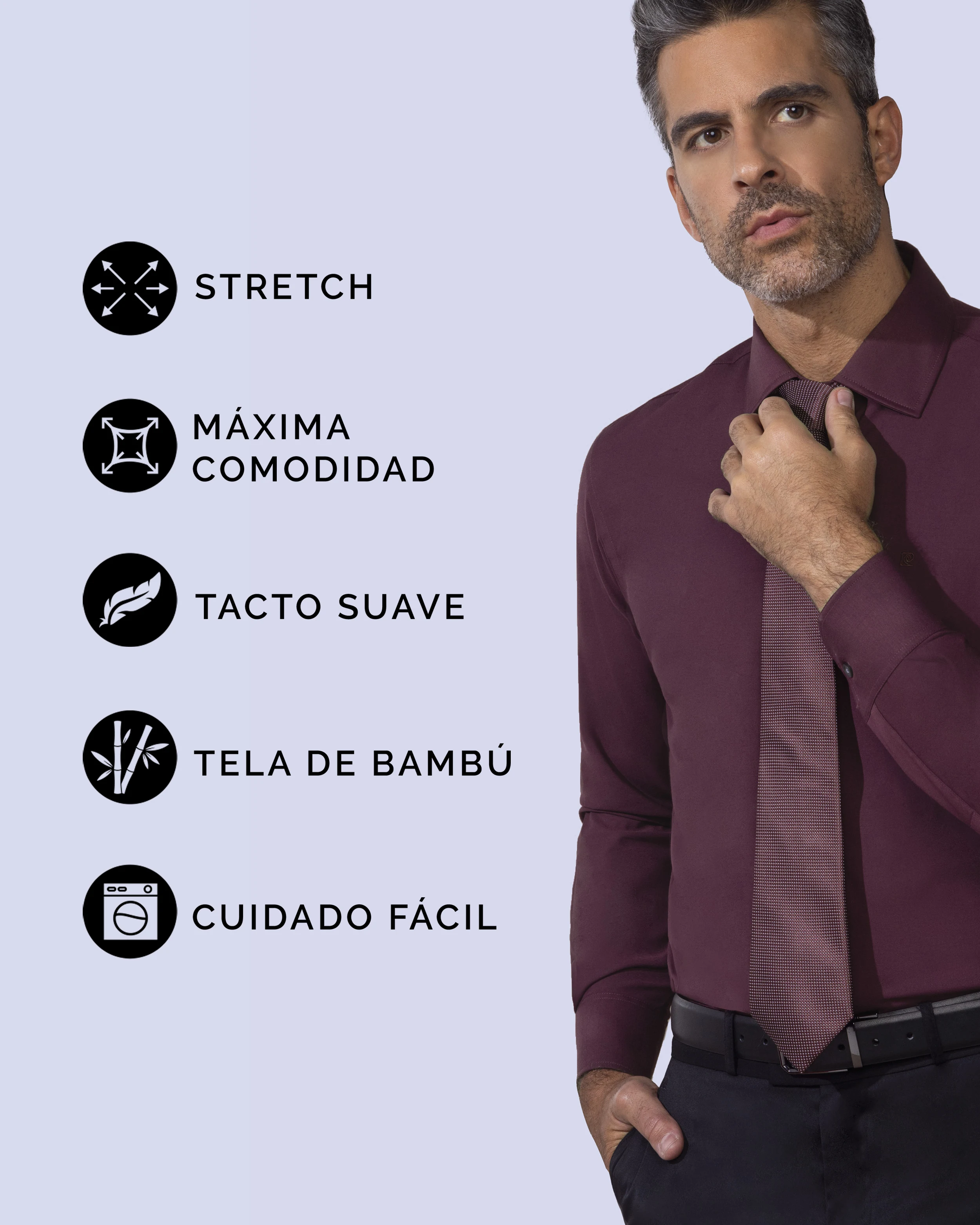 Camisa de vestir slim fit vino total comfort bambú stretch