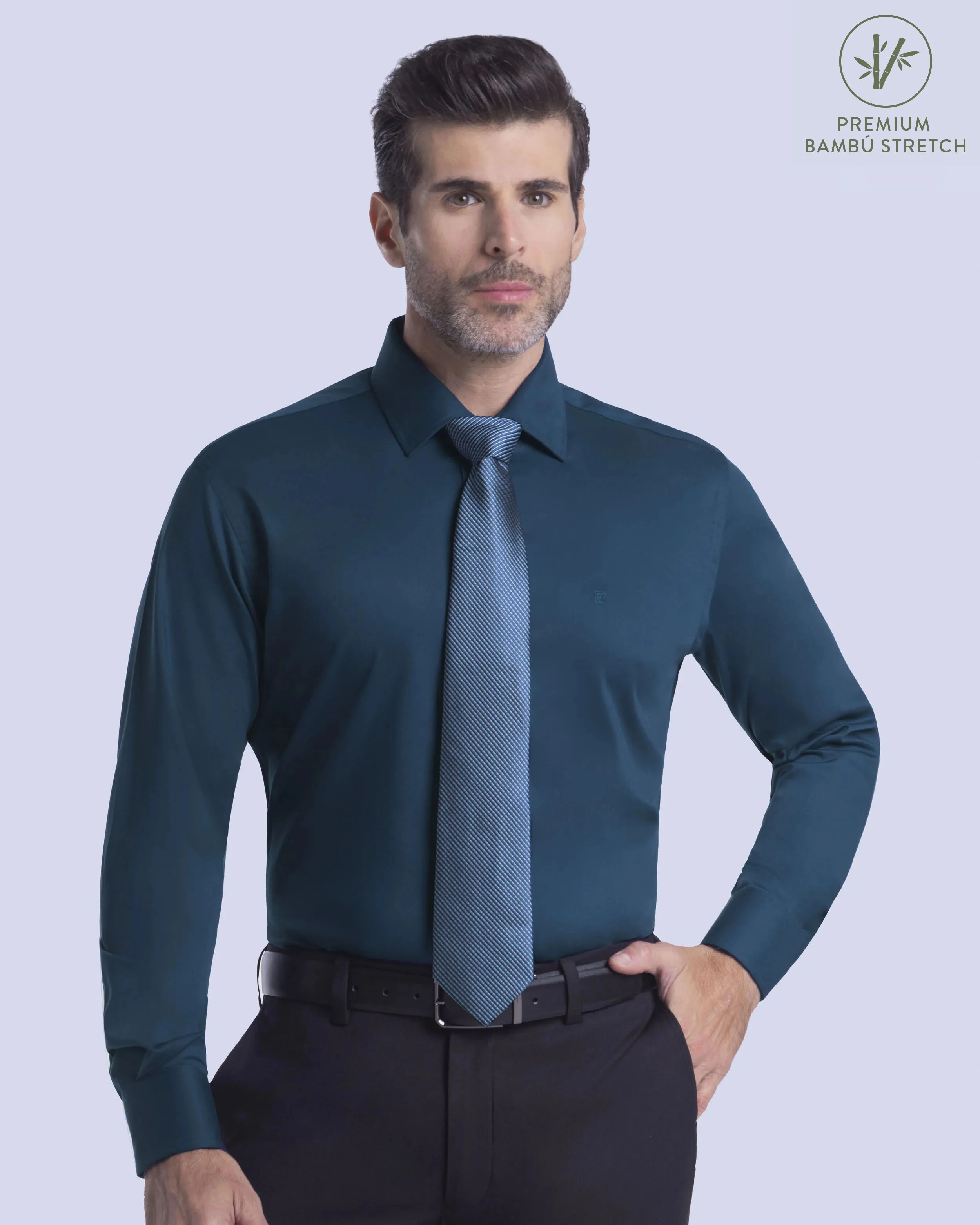 Camisa de vestir slim fit turquesa total comfort bambú stretch