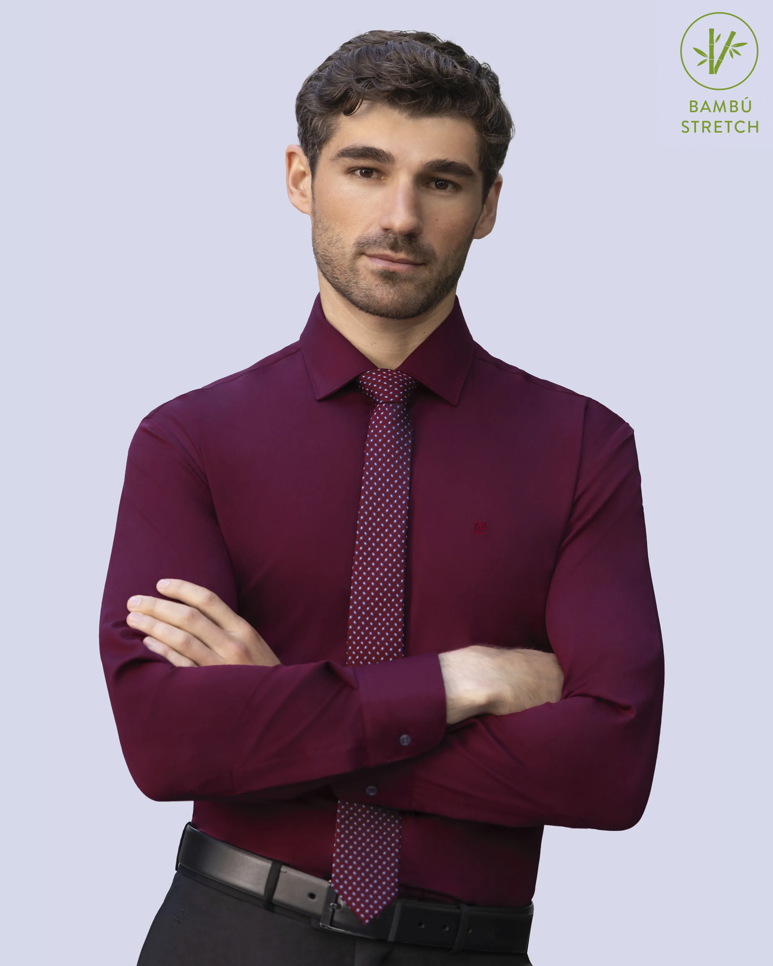 Camisa de vestir slim fit vino total comfort bambú stretch