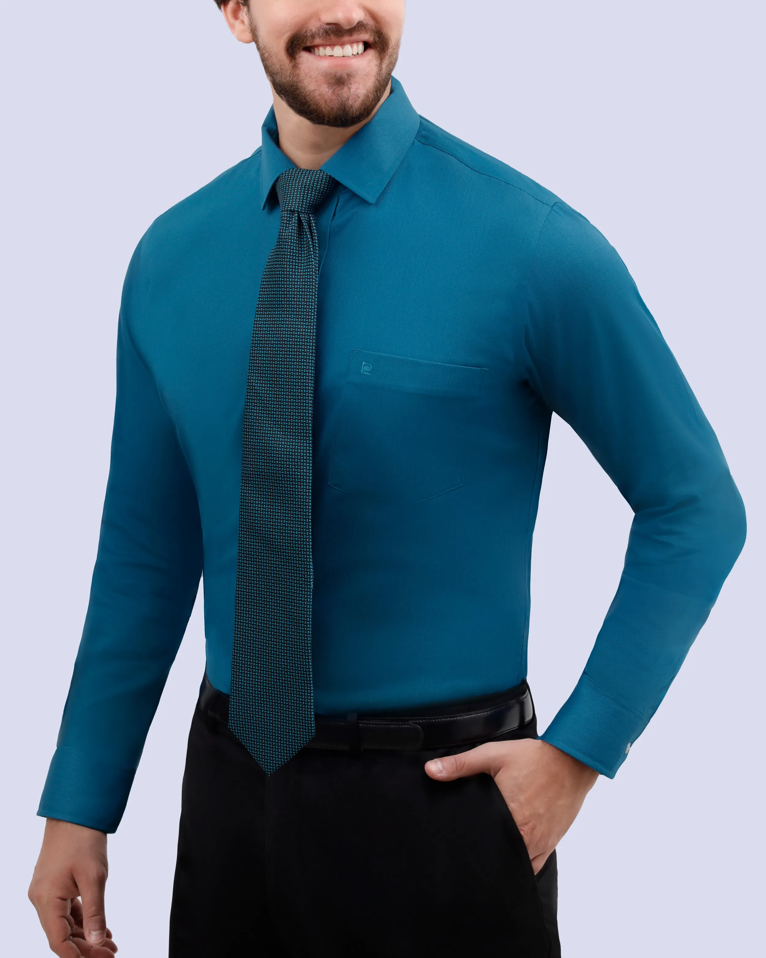 Camisa de vestir piqué turquesa manga larga