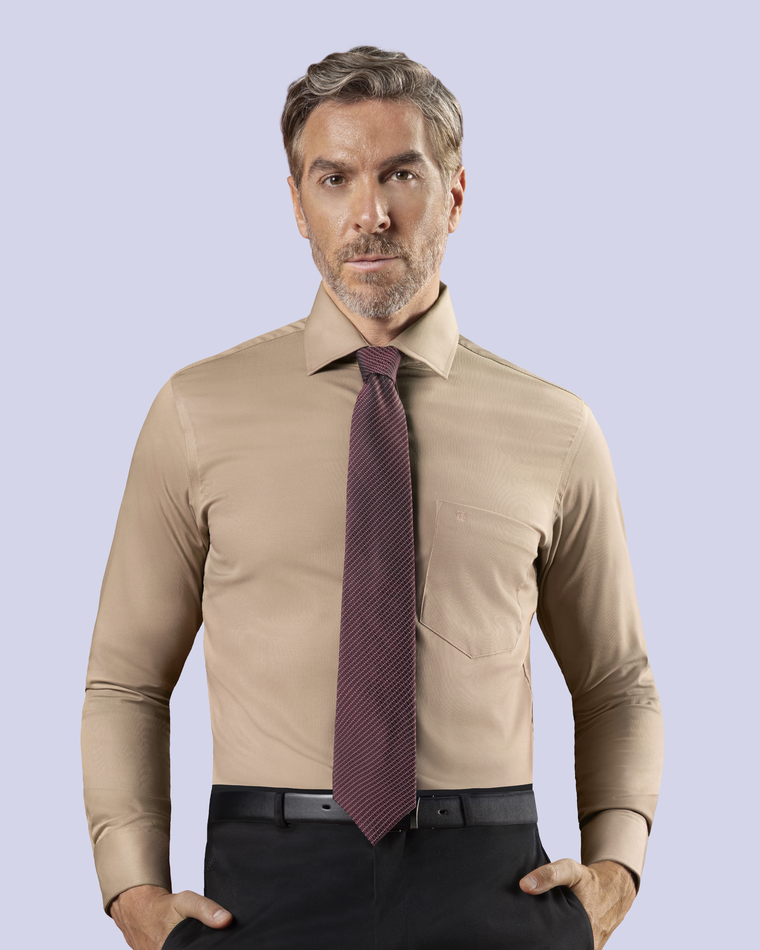 Camisa de vestir lisa slim fit piqué beige