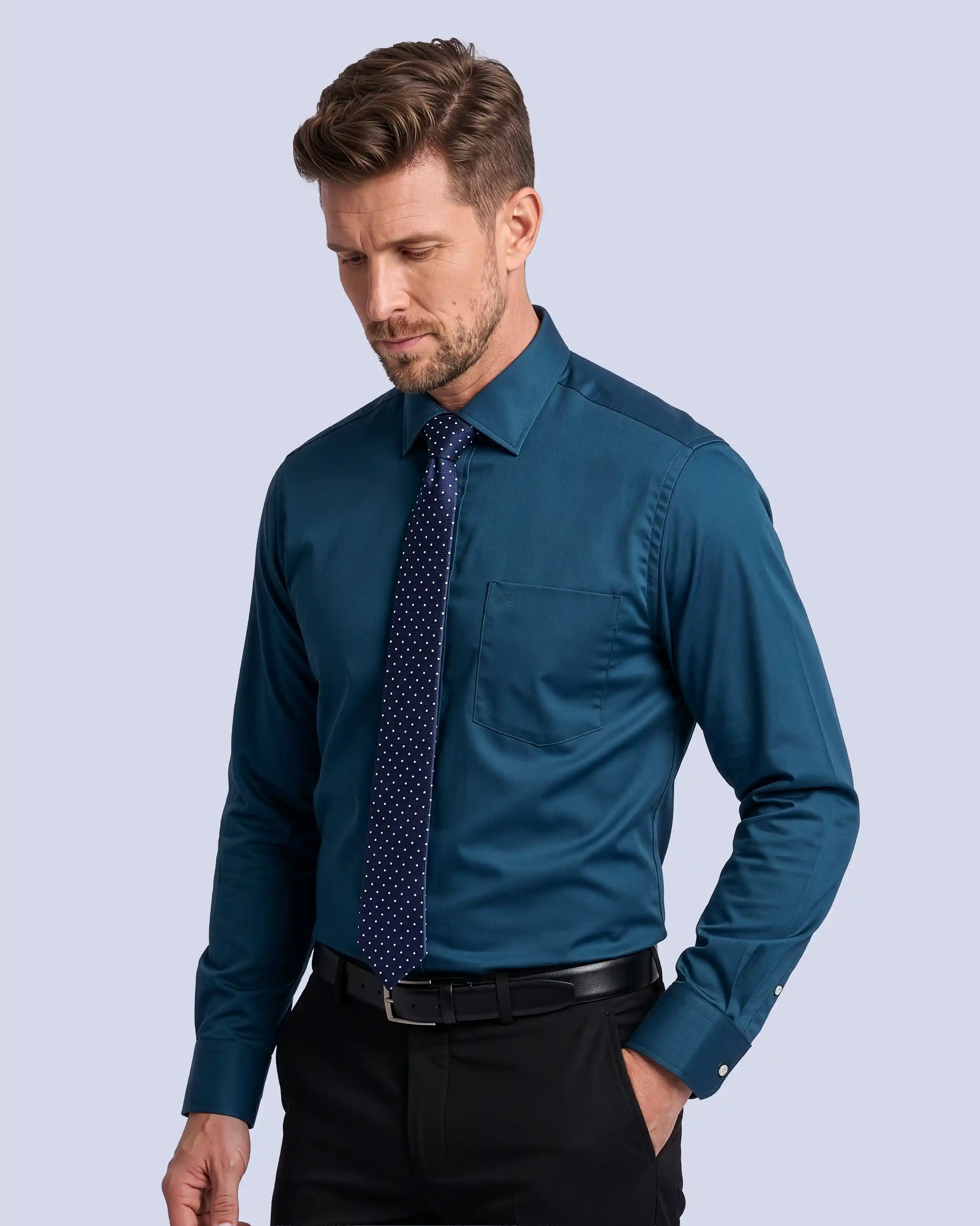 Camisa de vestir lisa slim fit piqué azul