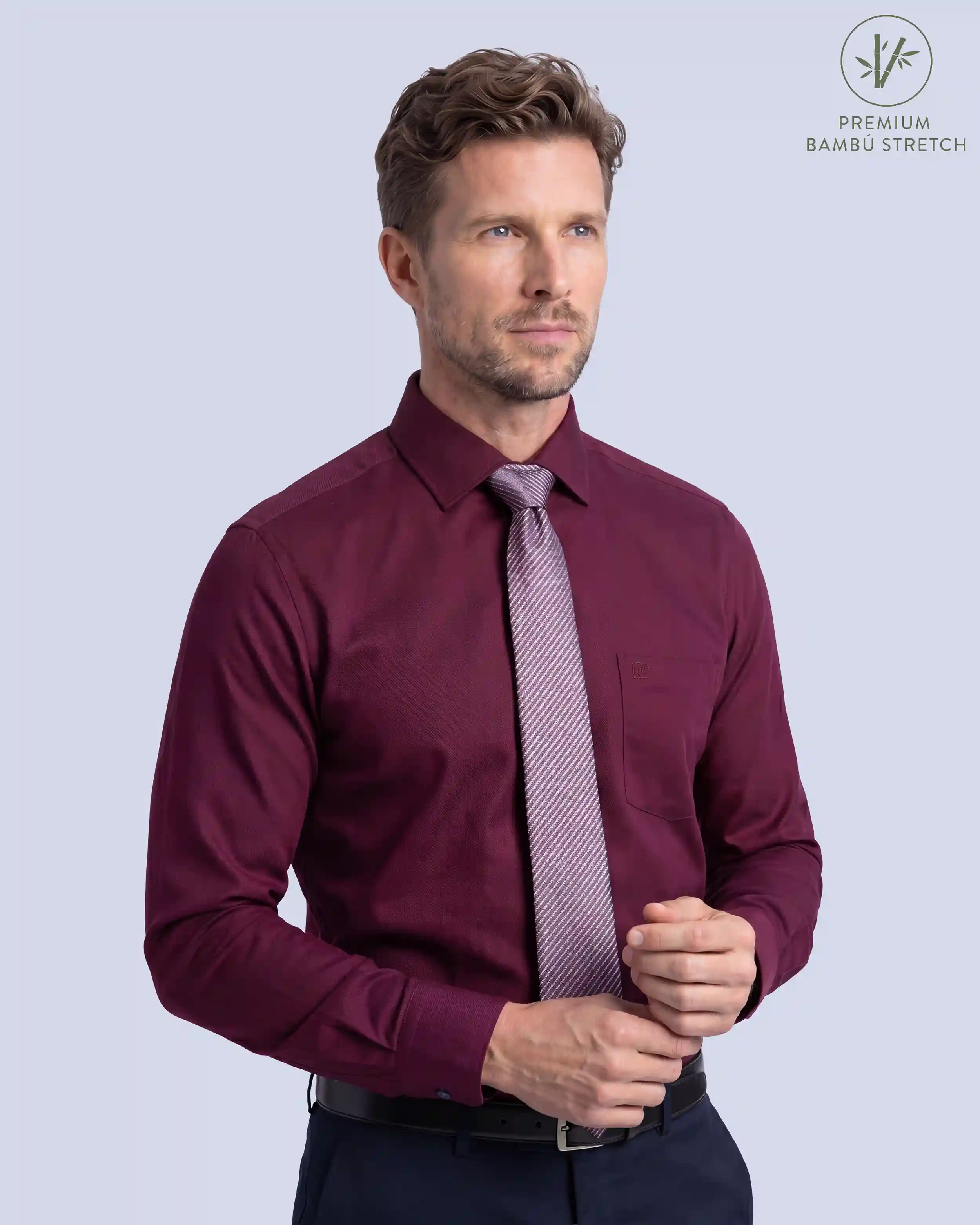 Camisa de vestir slim fit vino piqué premium bambú stretch