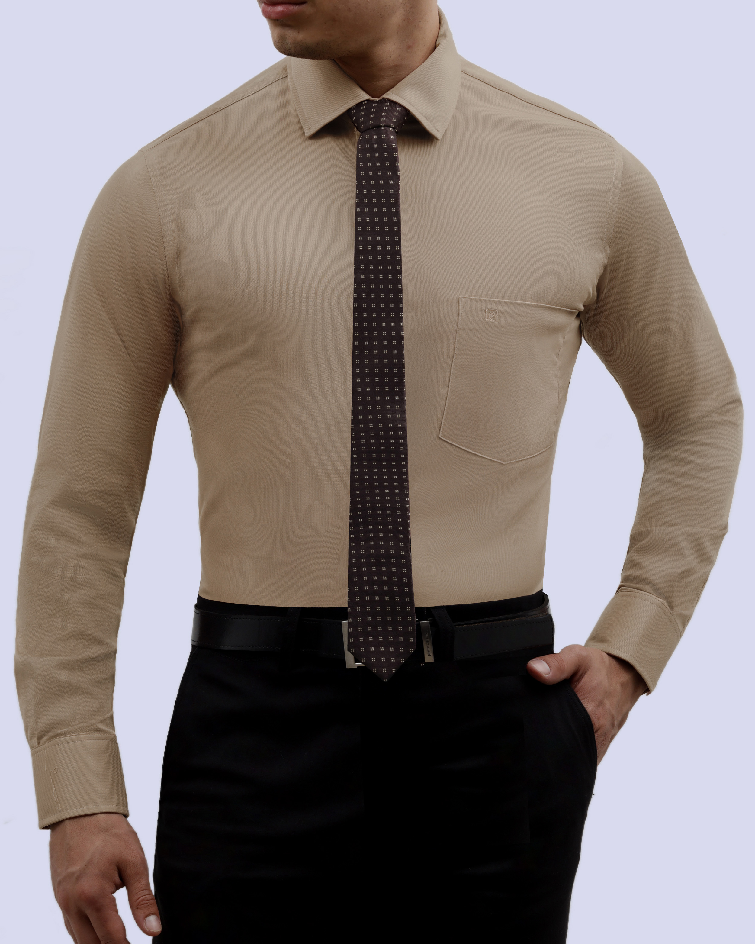 Camisa de vestir slim fit beige piqué bambú stretch