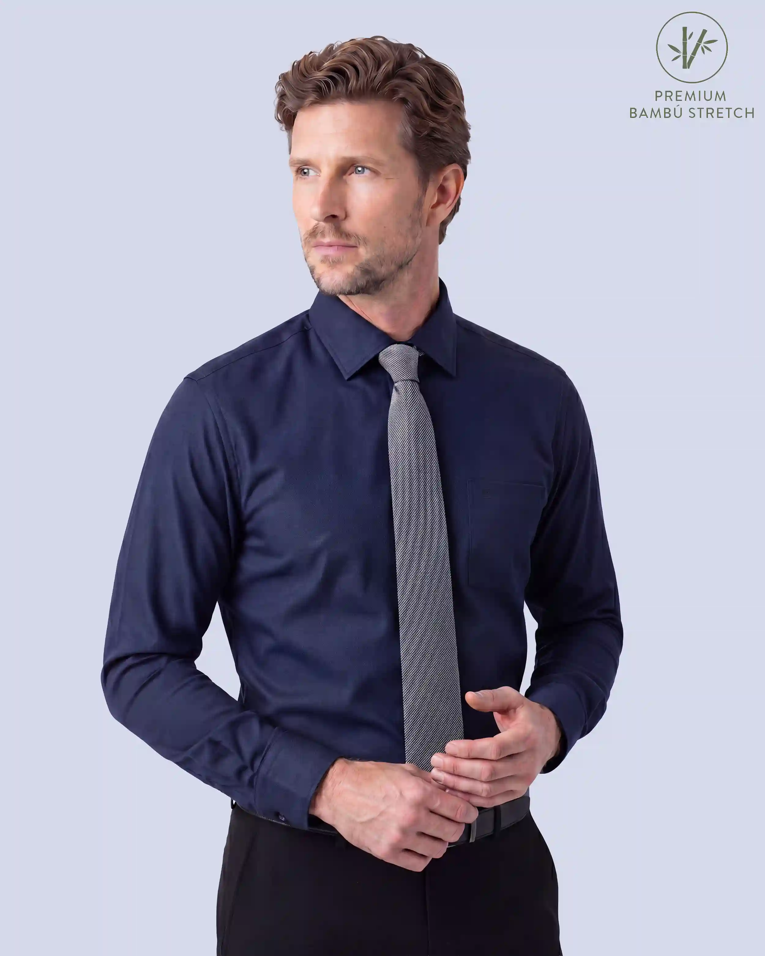 Camisa de vestir slim fit azul piqué premium bambú stretch