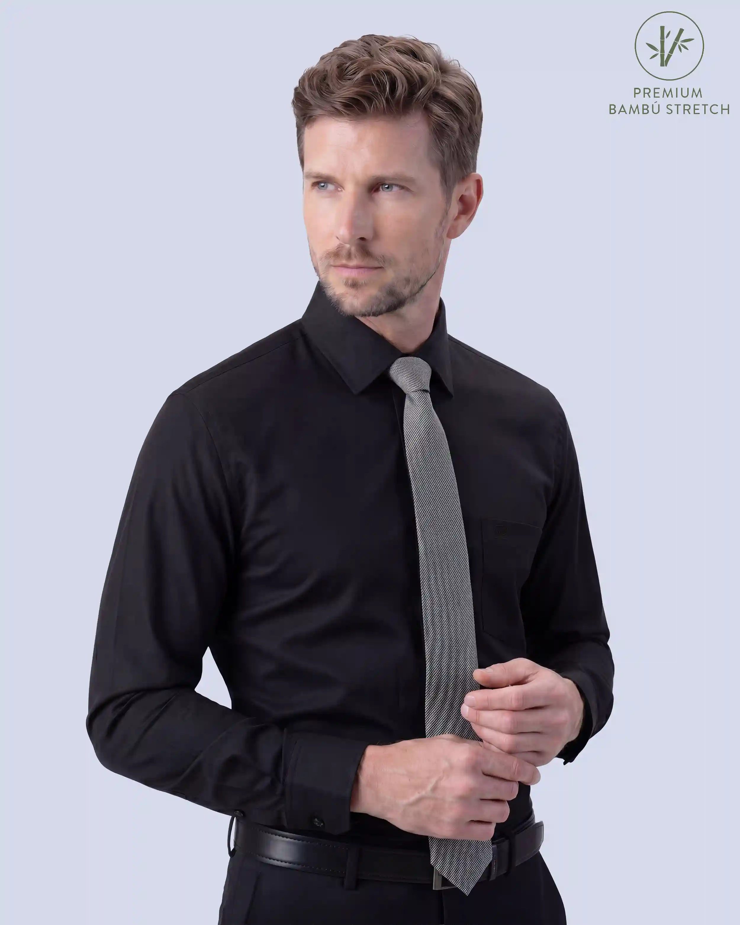 Camisa de vestir slim fit negra piqué premium bambú stretch