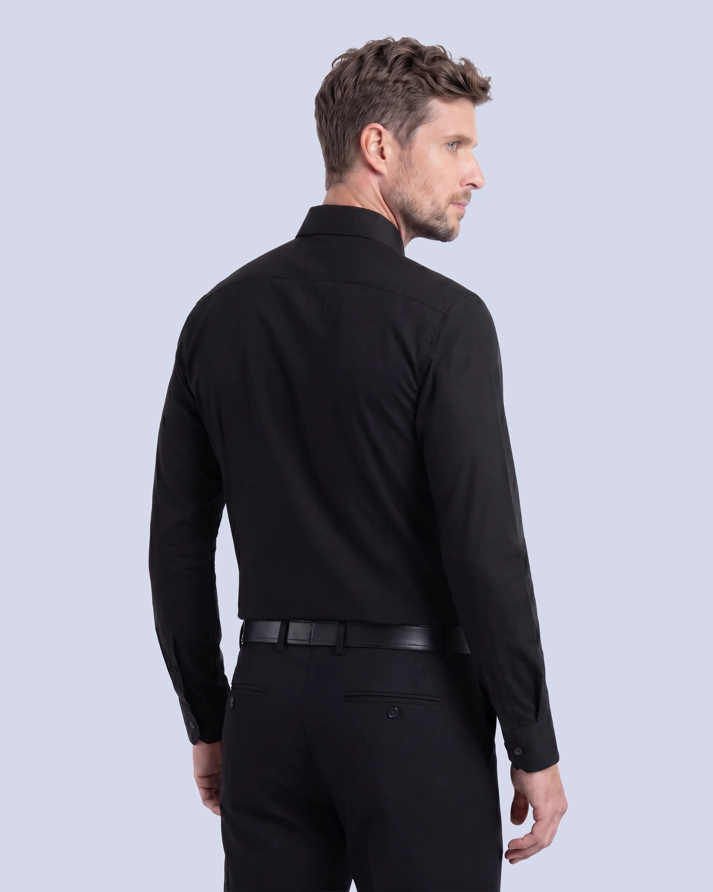Camisa de vestir slim fit negra piqué premium bambú stretch