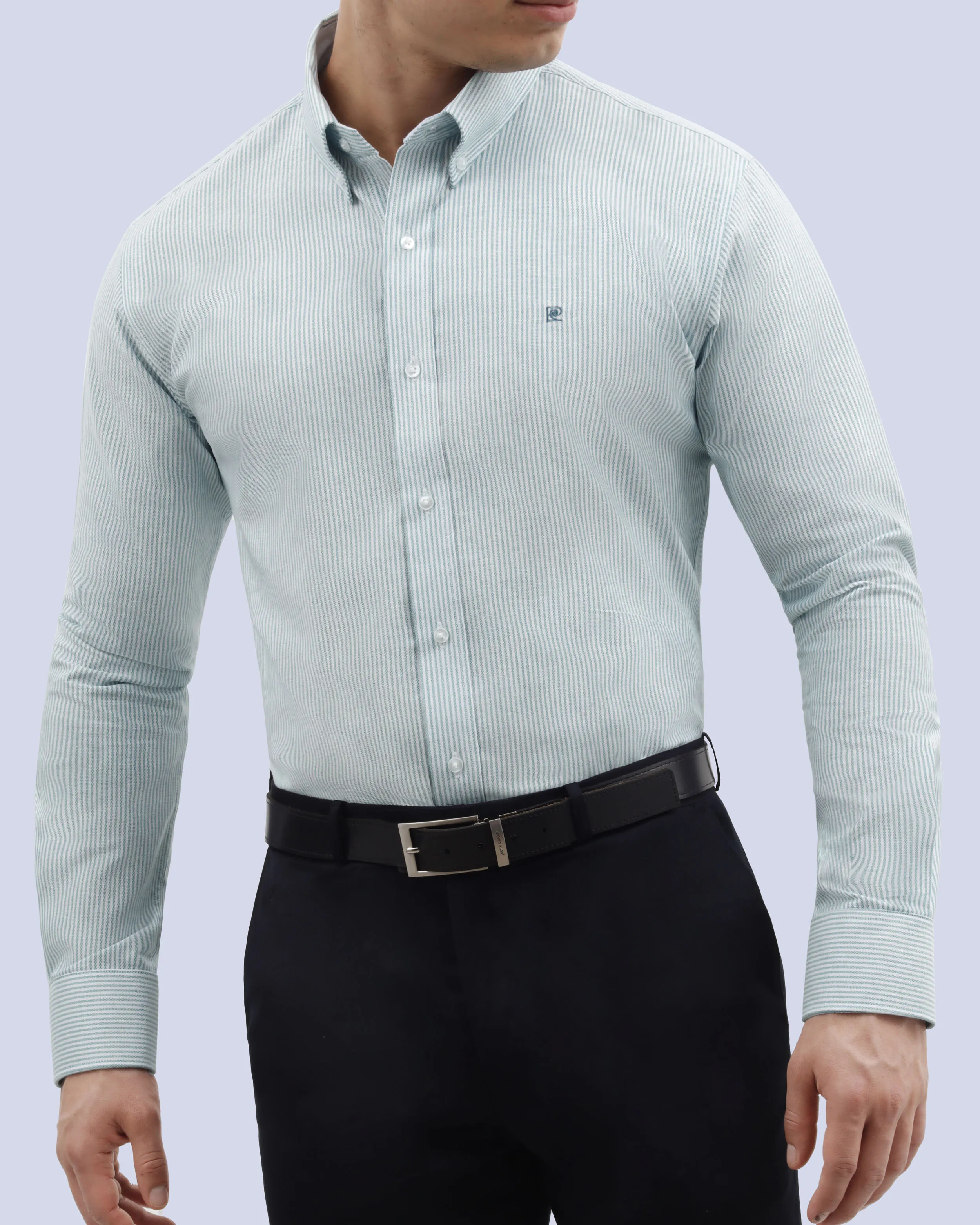 Camisa casual rayada oxford turquesa manga larga slim fit
