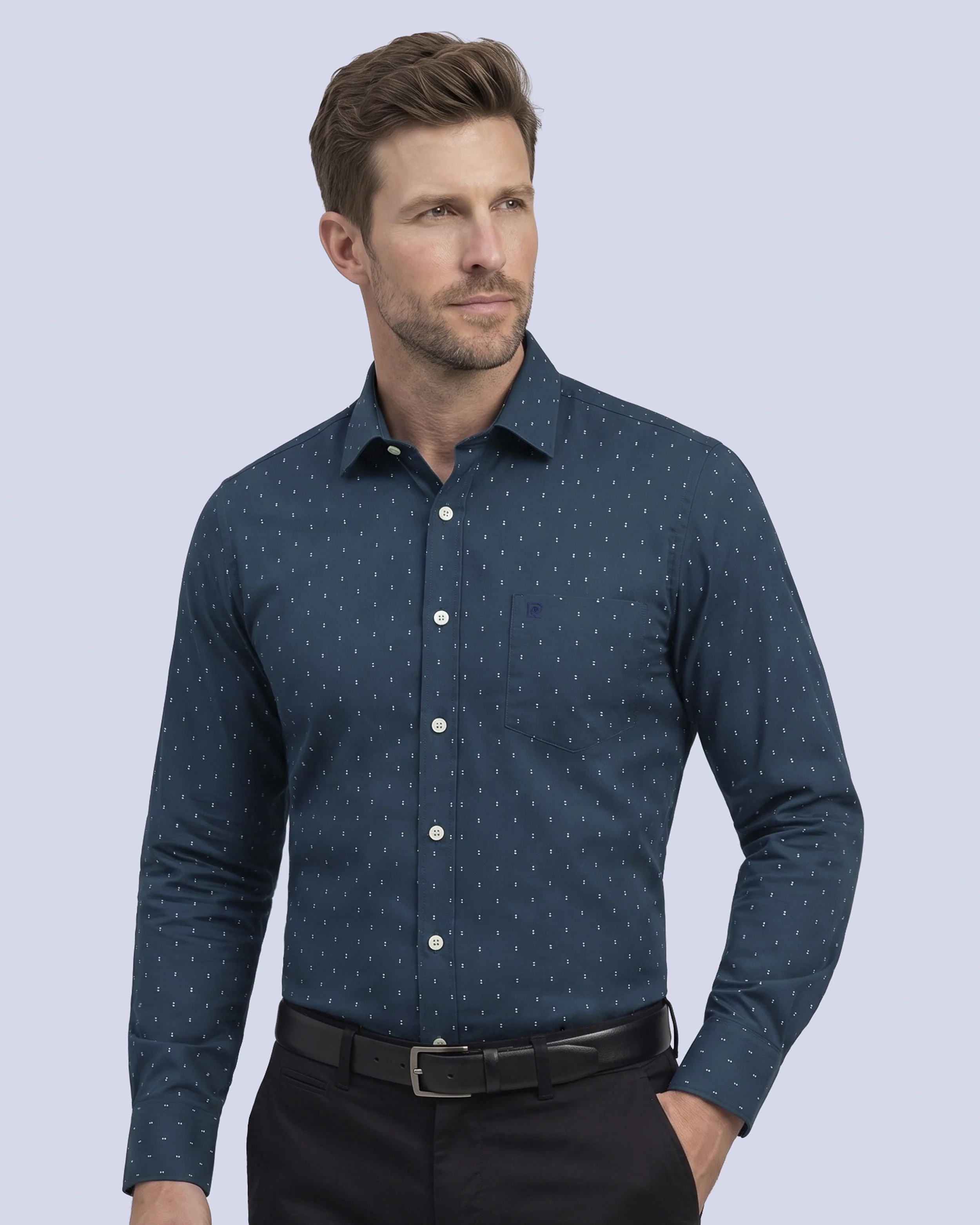Camisa de vestir slim fit satín print turquesa