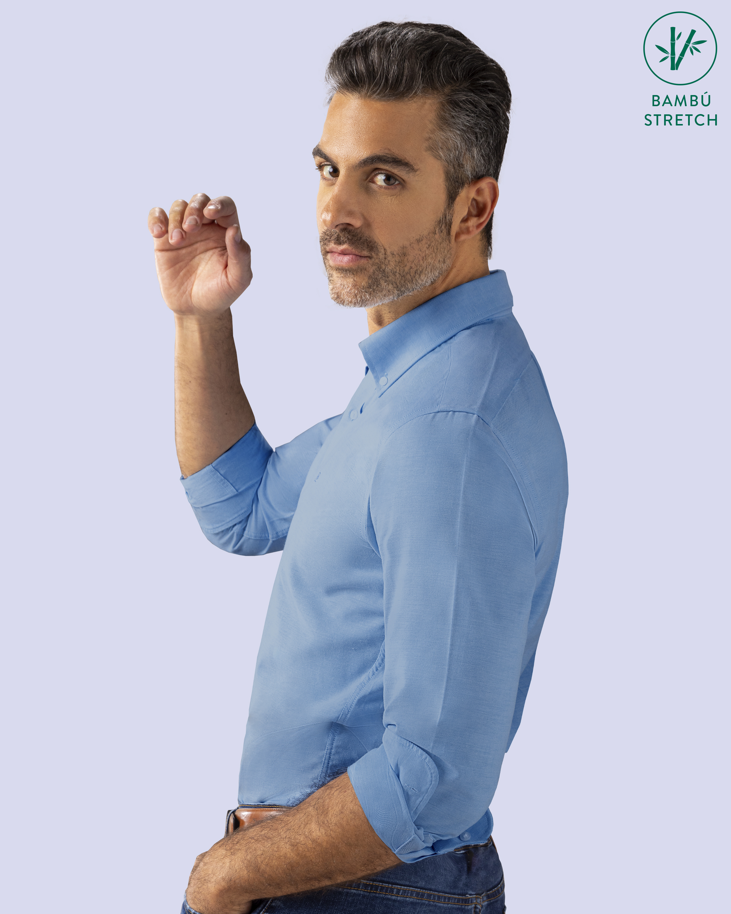 Camisa casual slim fit celeste oxford bambú stretch
