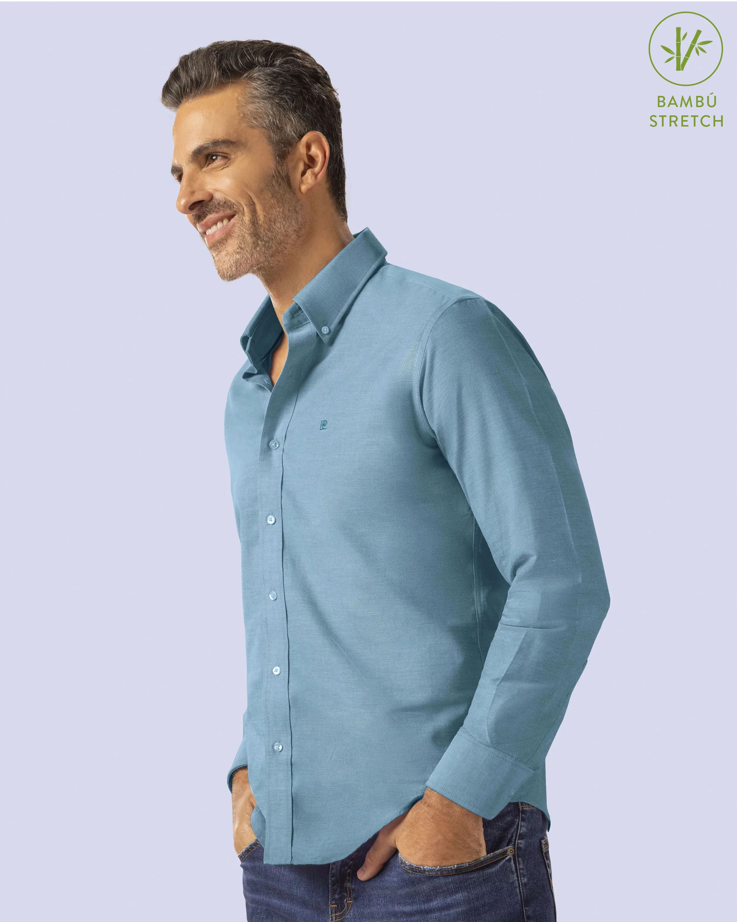 Camisa casual slim fit verde oxford bambú stretch